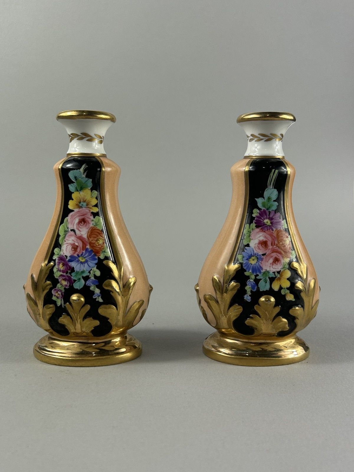 Antique Hand Painted Floral Porcelain Bud Vases Pair 14cm photo vinterior