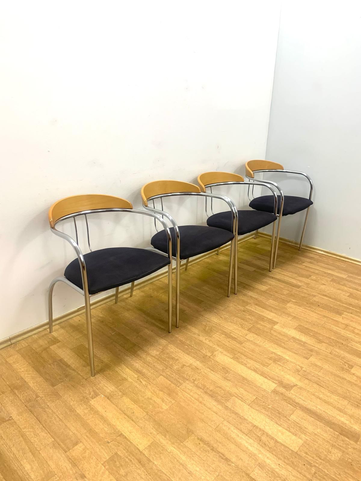 Set Of 4 Chrome And Wood Chairs, Italy, 1980s photo buy