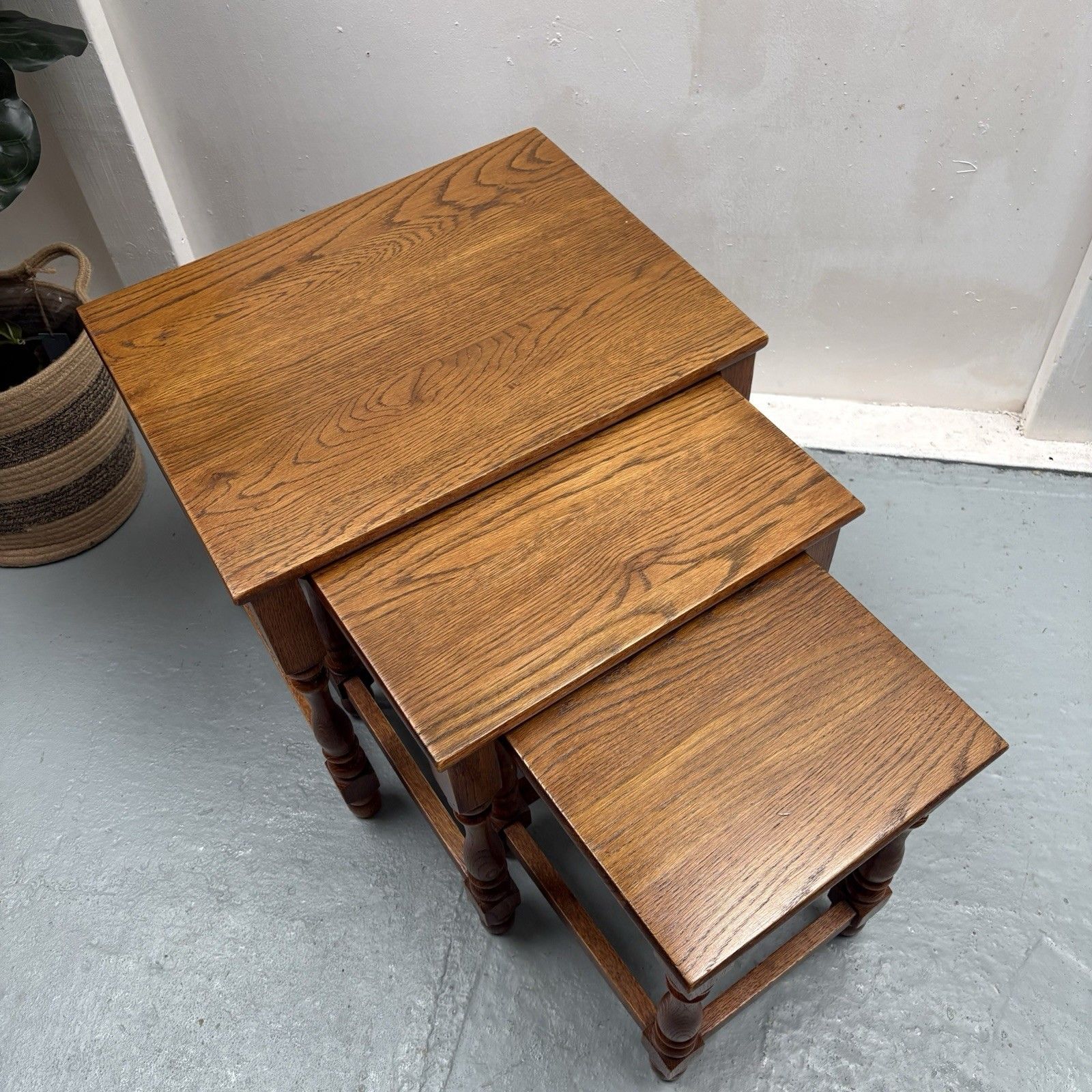 Vintage Late 20th Century Heavy Light Oak Nest Of Three Coffee Tables photo for sale