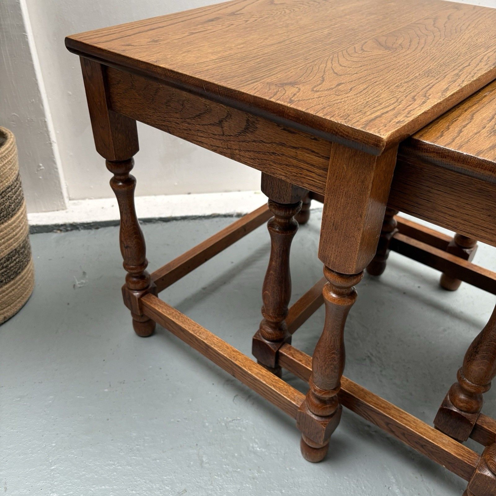 Vintage Late 20th Century Heavy Light Oak Nest Of Three Coffee Tables photo Furniture