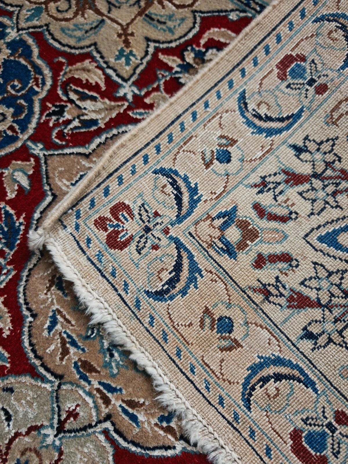 Vintage Hand Knotted Rug In Cream, Red And Blue Wool And Silk, 1960s photo buy