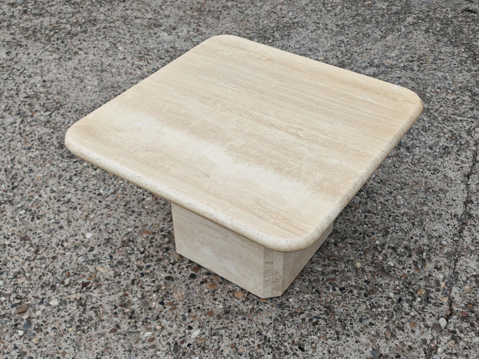 photo for sale Mid Century Modern Square Shaped Coffee Table In Travertine, Italy 1970s