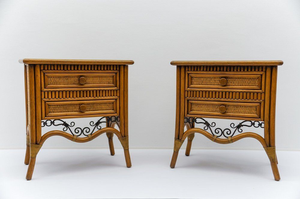 Italian Rattan And Wrought Iron Commode, 1970s, Set Of 2 photo for sale