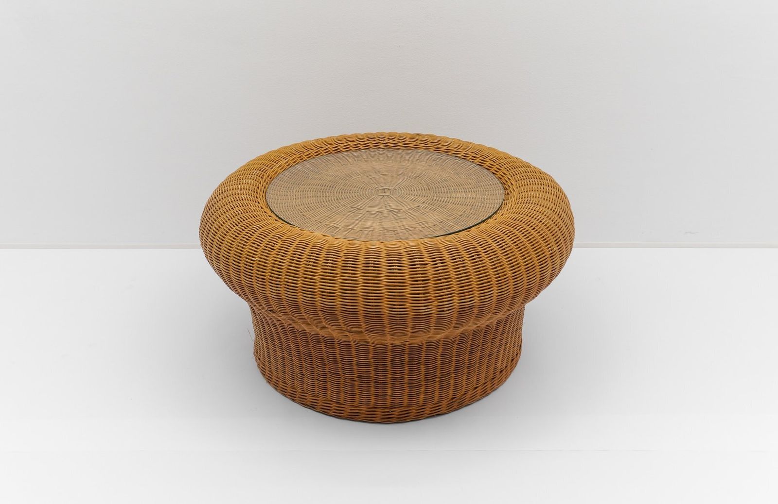 Round Coffee Table In Rattan And Glass, 1960s photo for sale