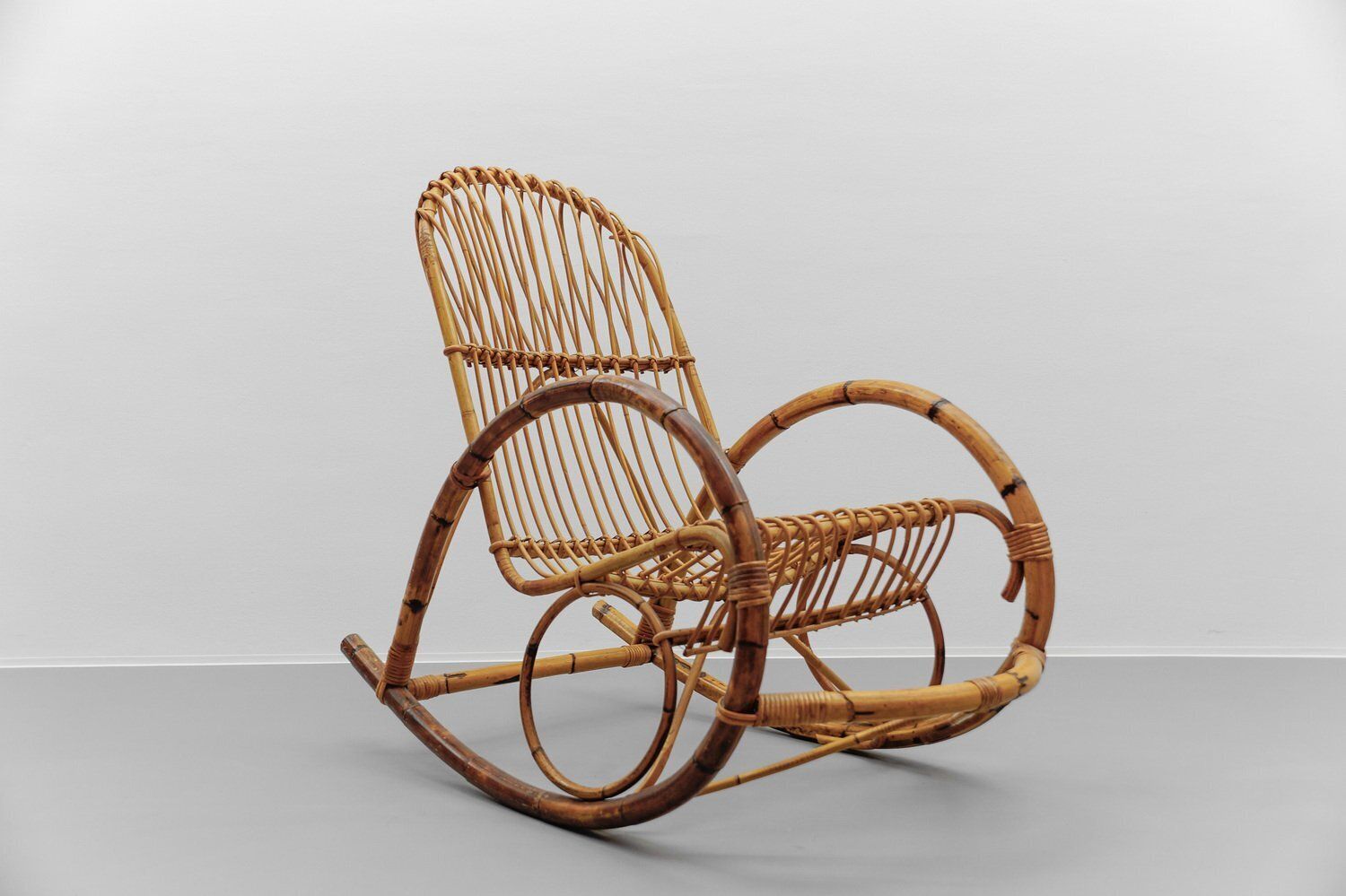 Mid Century Modern Rattan And Bamboo Rocking Chair, 1960s