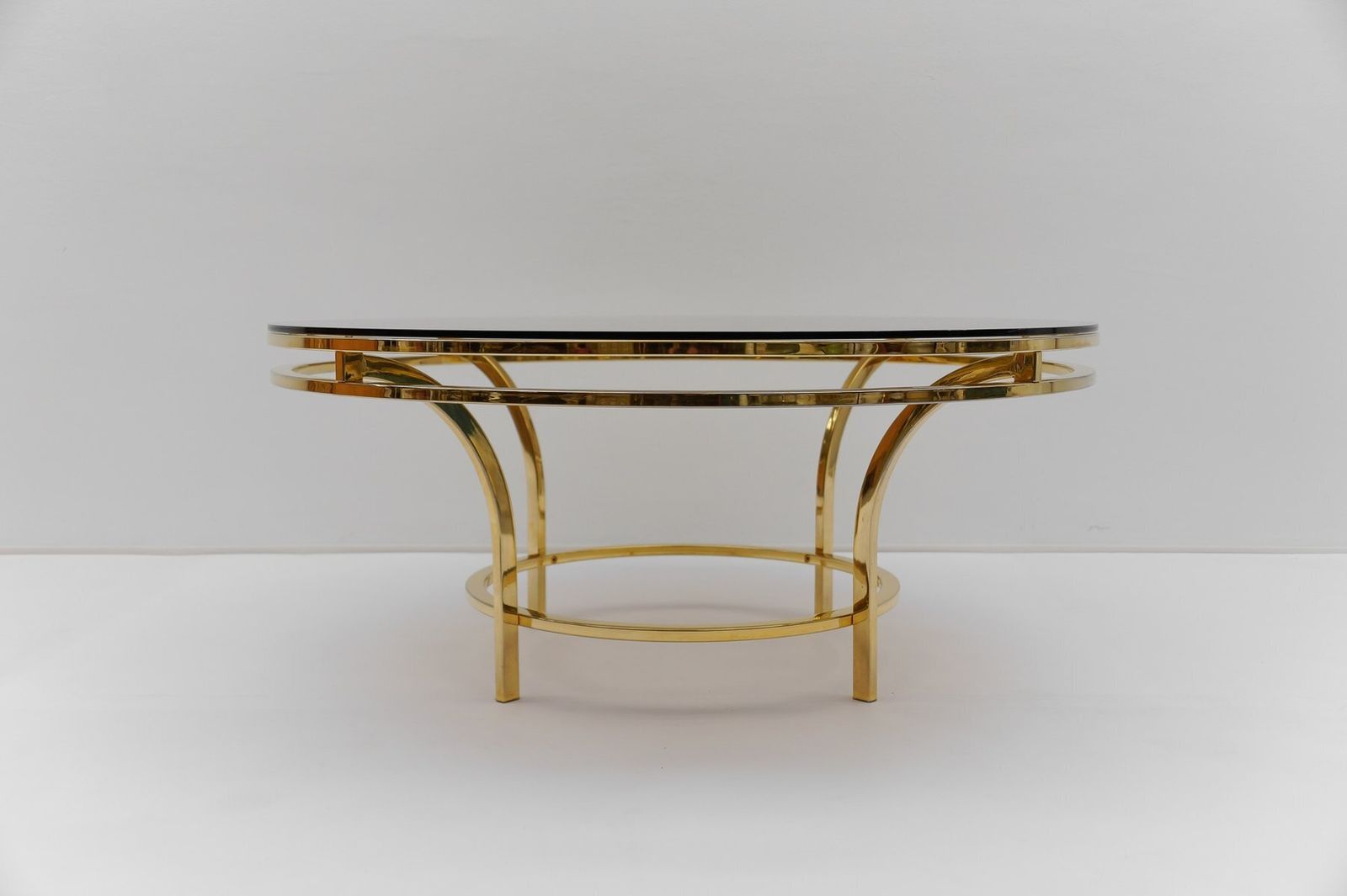 Round Double Frame Gilt And Smoked Glass Coffee Table, 1970s photo Furniture