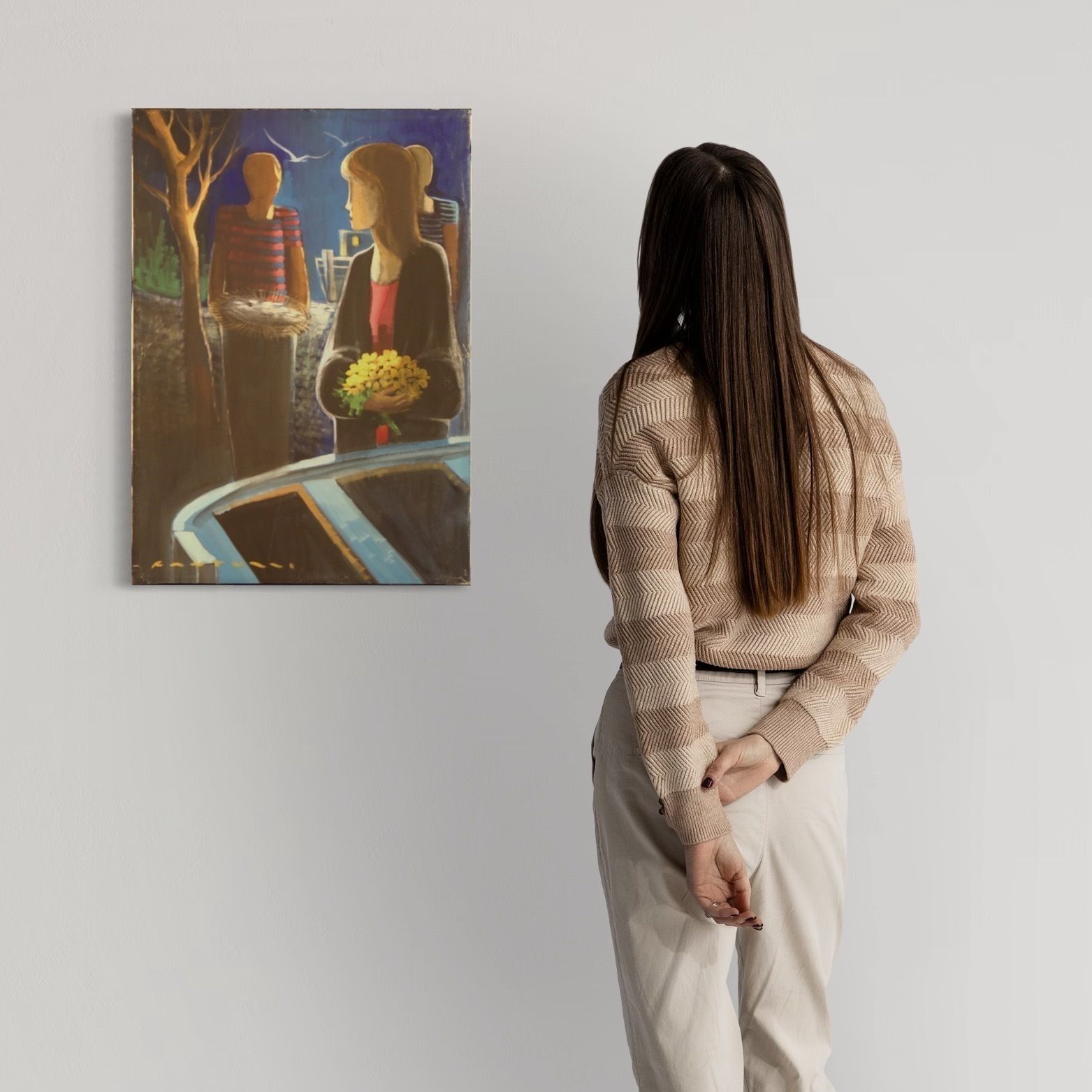 Italian Painting Signed Figures In The Night photo for sale