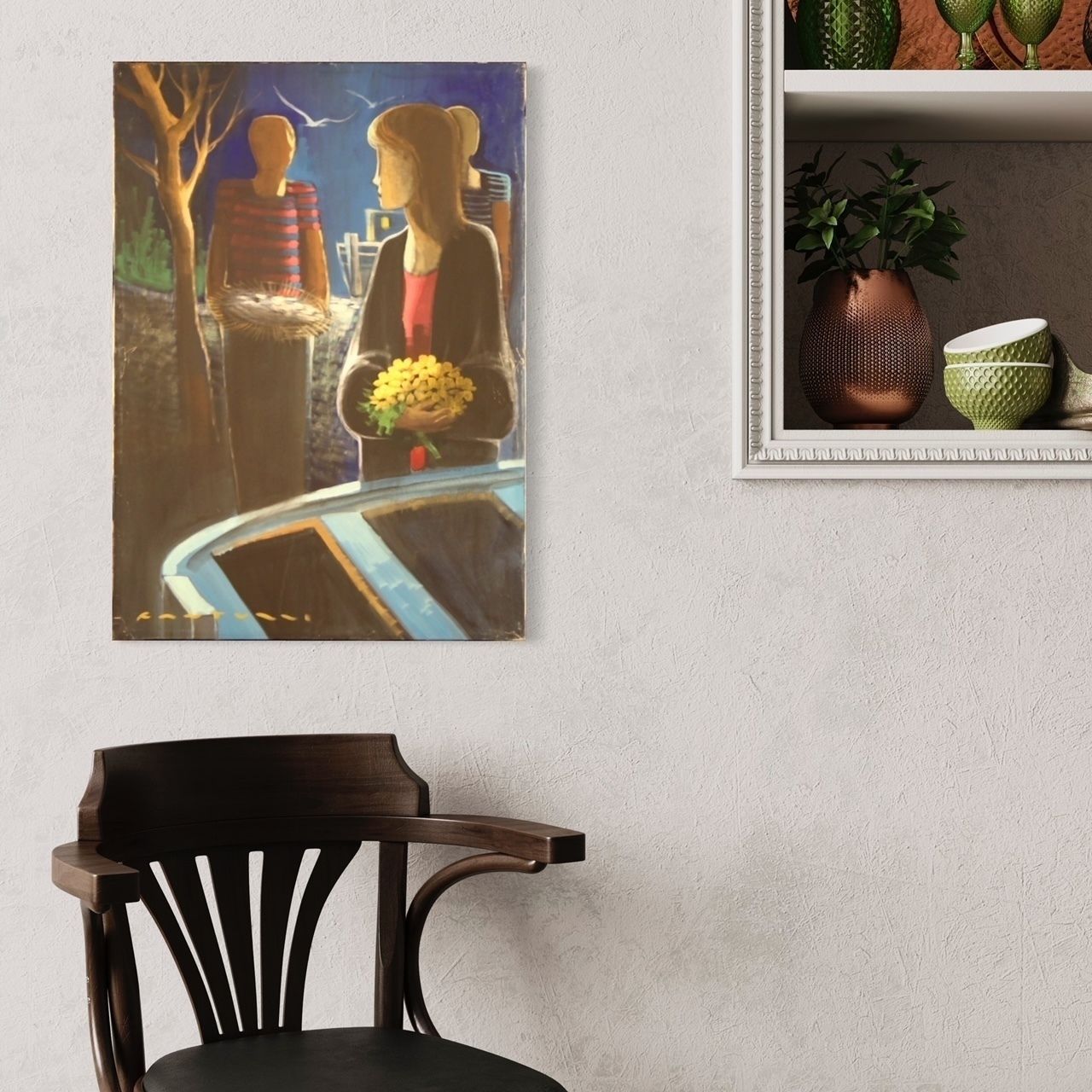 Art Italian Painting Signed Figures In The Night photo