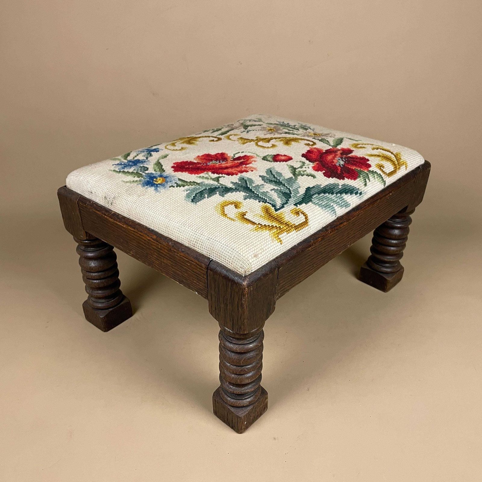 Vintage Needlepoint Footstool Floral Oak Base Embroidered Upholstered Stool Hand Stitched Flower Decor Cottage Foot Rest Traditional Vintage photo for sale