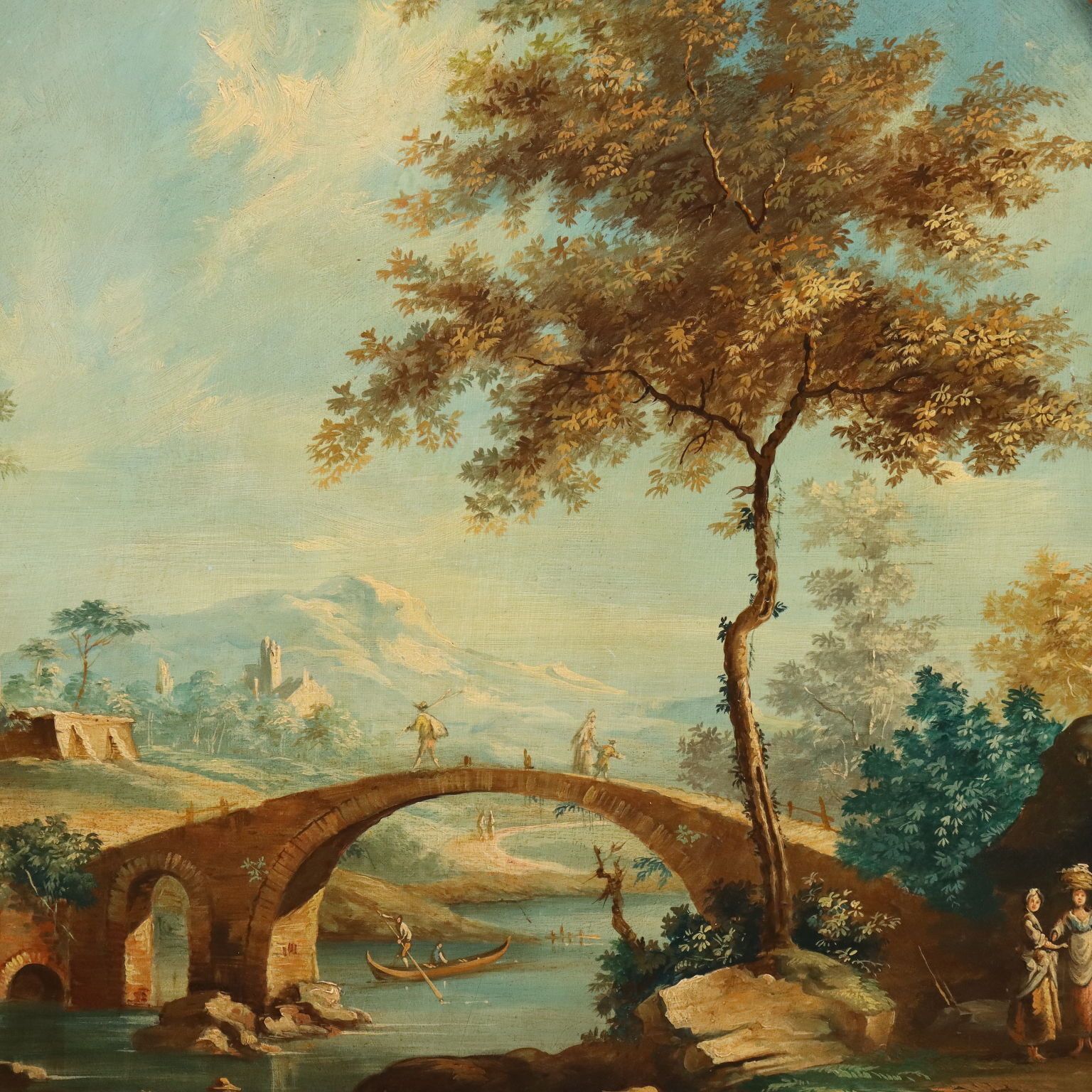 Antique Painting Landscape With River Oil On Hardboard XVIII Century photo for sale
