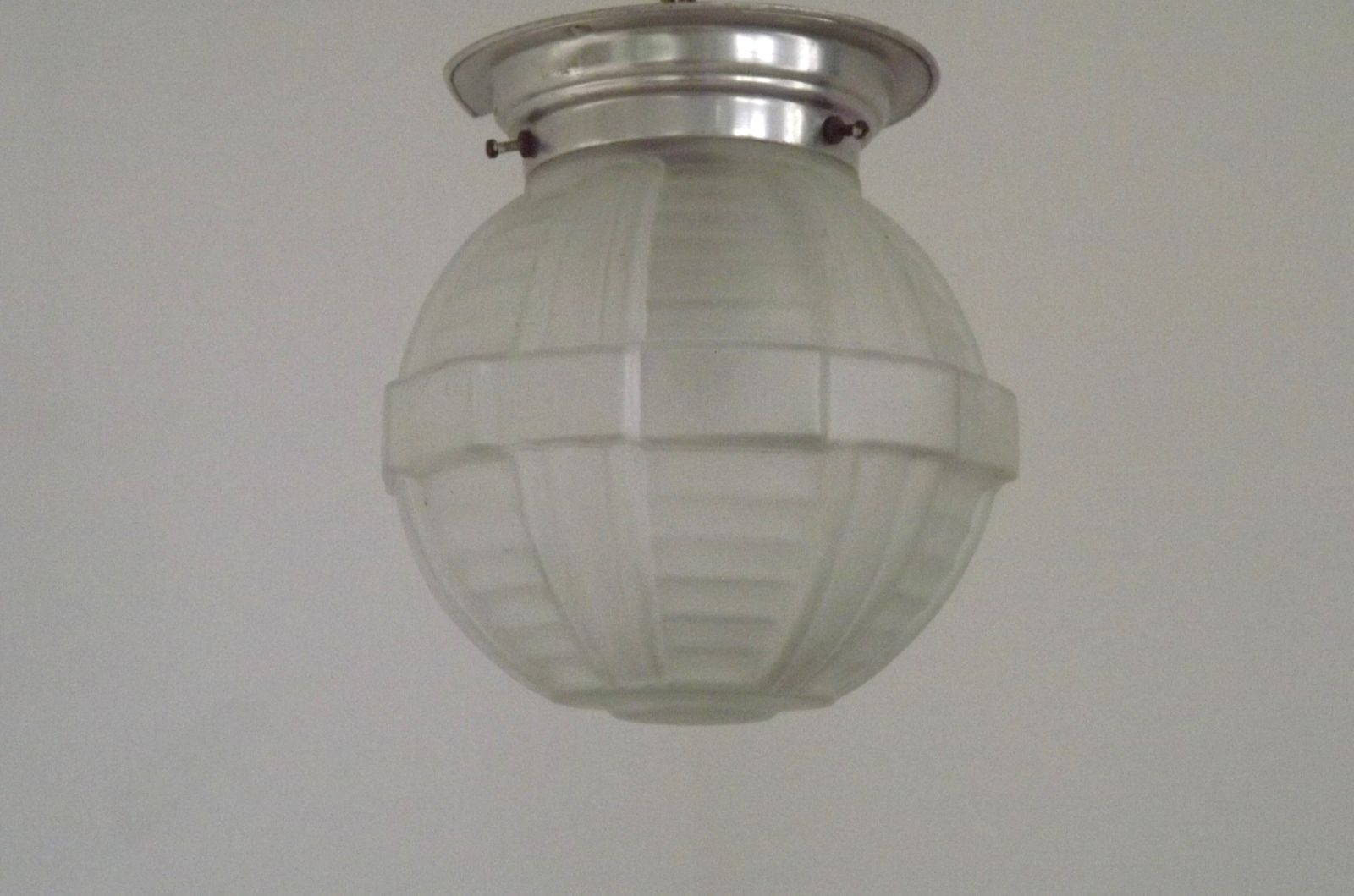 French Art Deco White Opaque Glass Shade Ceiling Light/ Lamp With Silver Metal Shade Fitter photo for sale