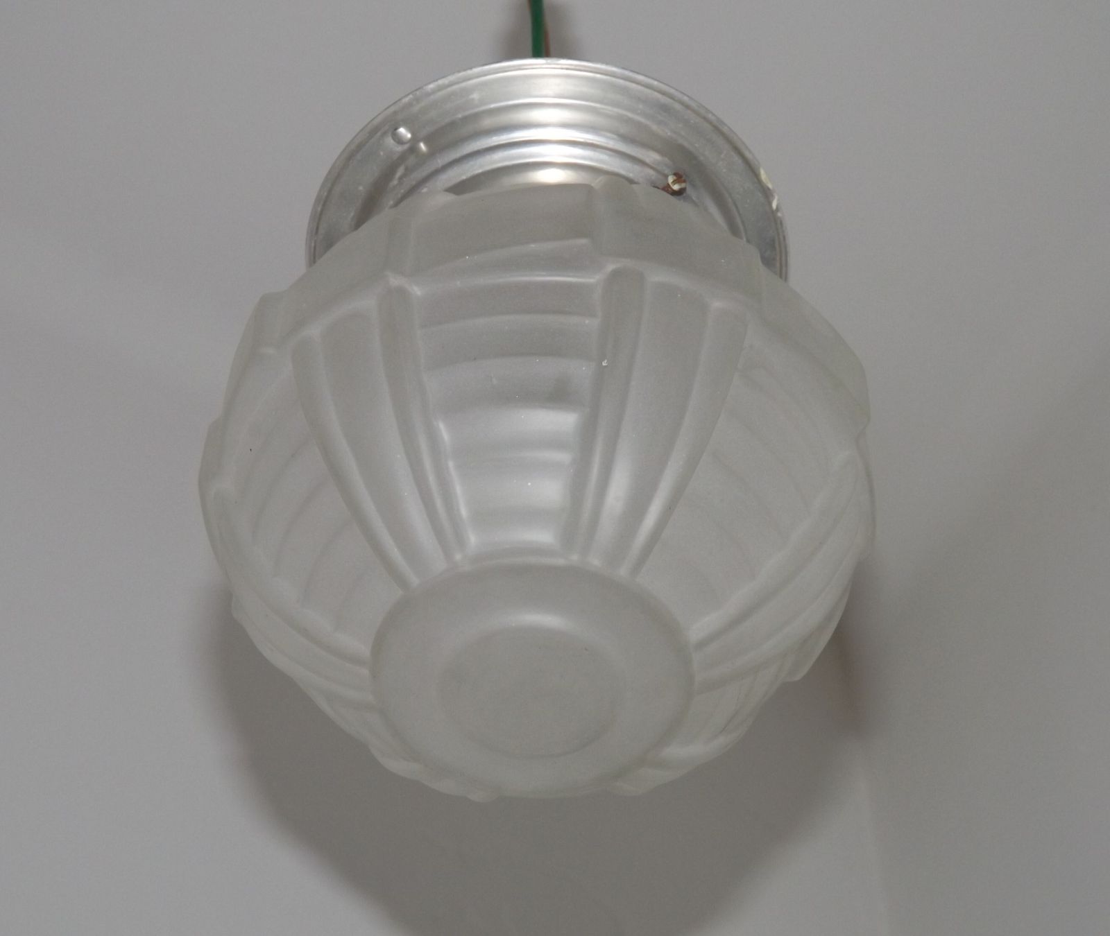 French Art Deco White Opaque Glass Shade Ceiling Light/ Lamp With Silver Metal Shade Fitter photo vintage