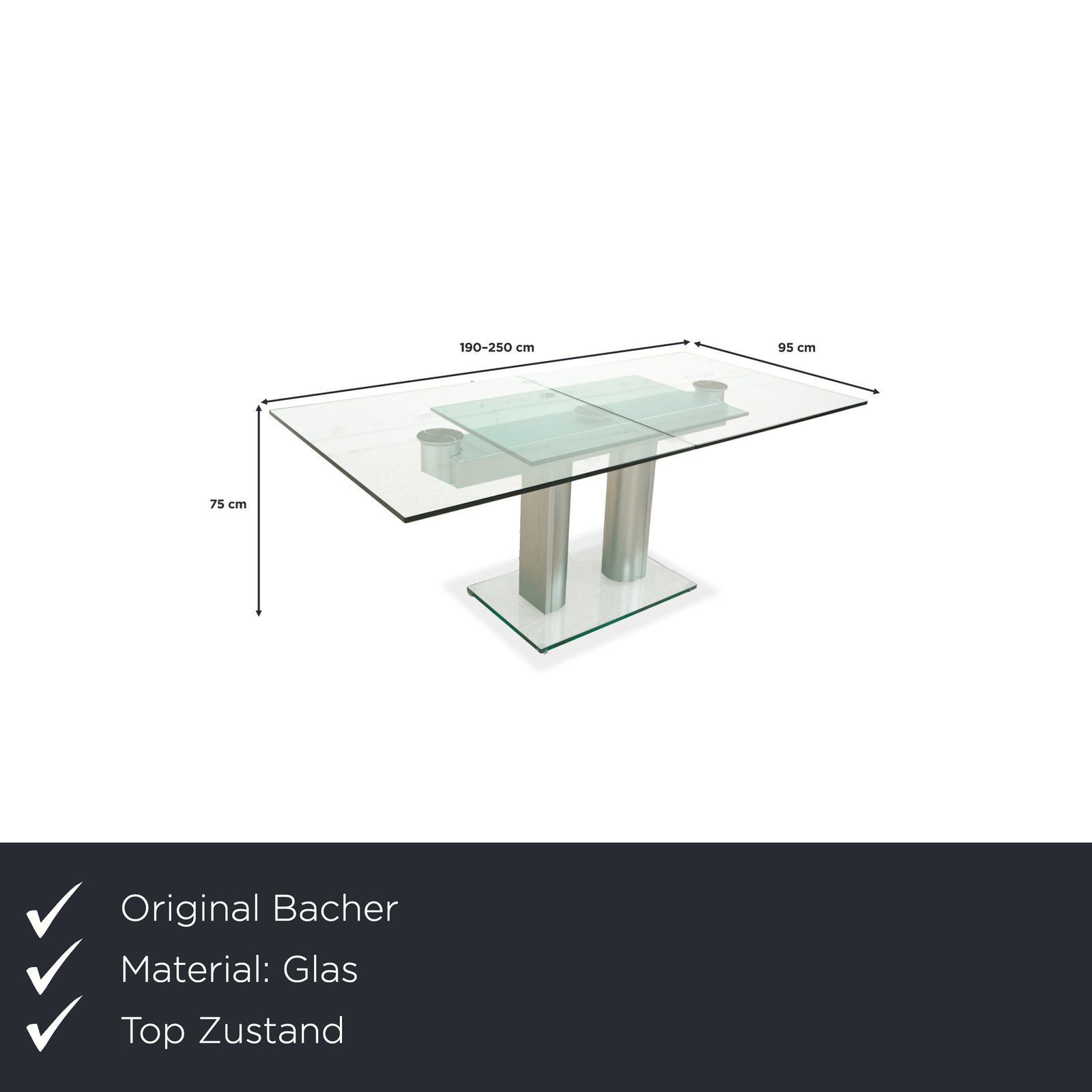 Bacher Nabucco. Glazen Eettafel, Zilver, Uitschuifbaar, Eetkamer, 190/250 X 95 Cm photo furniture