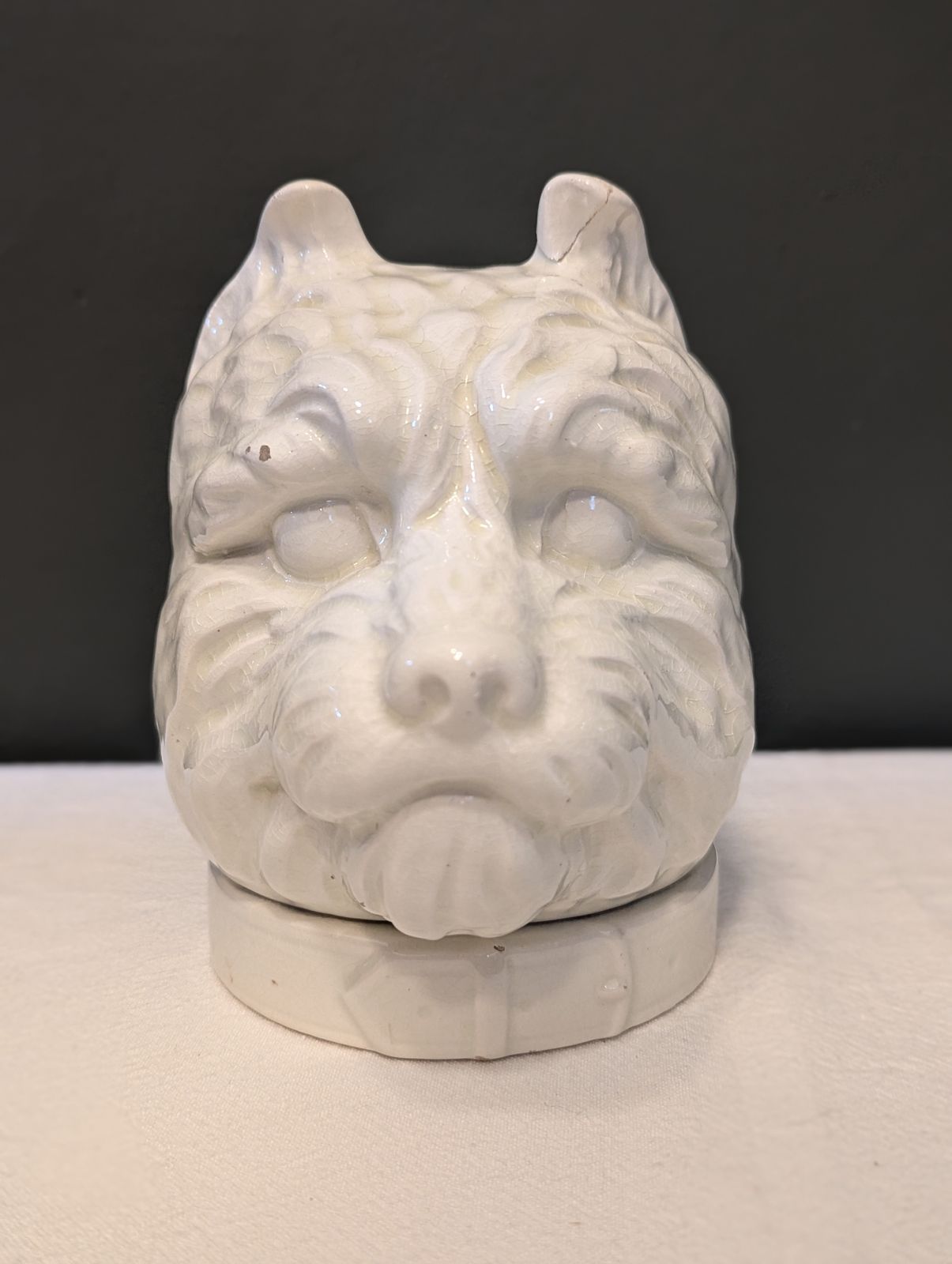 Rare Unpainted Majolica "Tom Terrier" Saint Clement Tobacco Pot, 1900