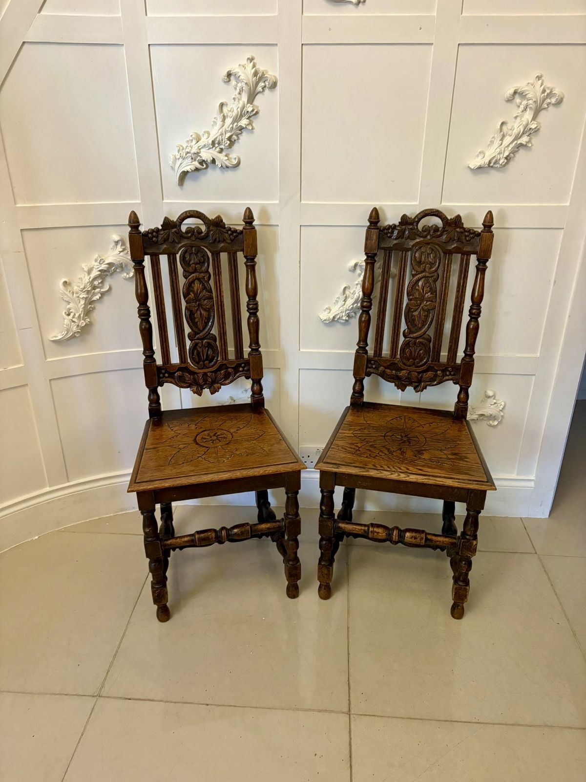 Antique 19th Century Pair Of Quality Carved Oak Side Chairs