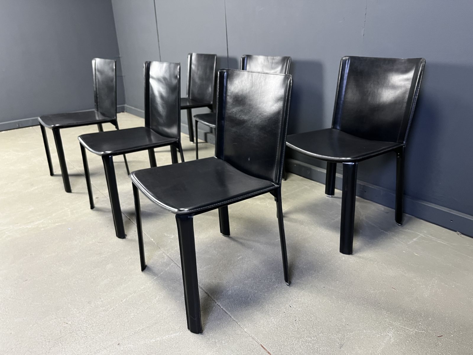 Vintage Black Leather Dining Chairs By Cidue, Set Of 6   1980s photo vinterior