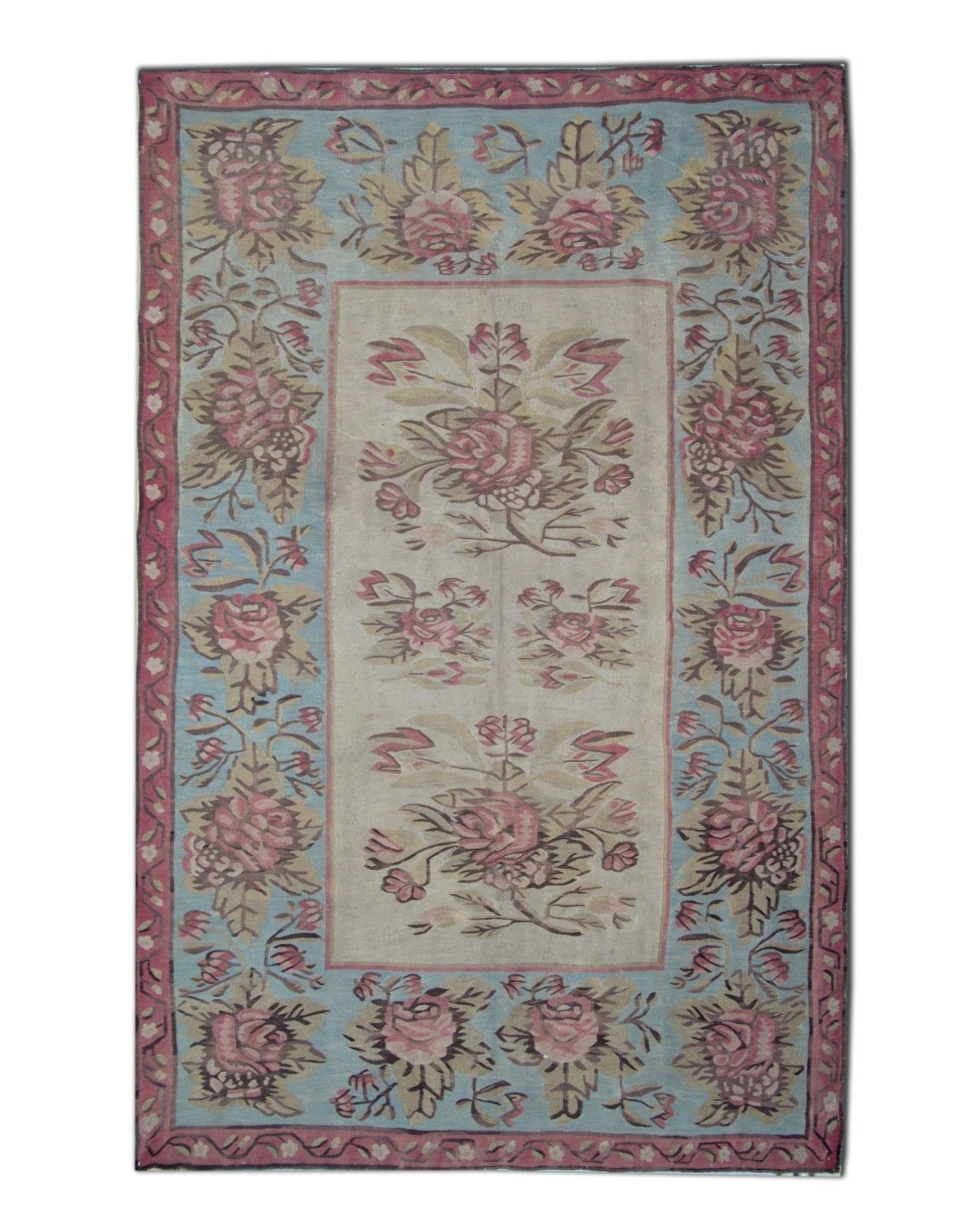 Pink & Blue Bessarabian Kilim Rug 1870s Floral Wool Flatweave Carpet 176x271cm