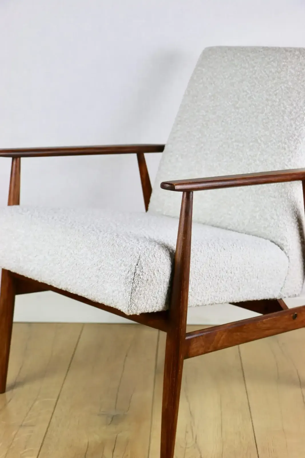 photo for sale Armchair „ Lis”, 1970s White Boucle Design Henryk Lis   Dark Wood   2 Pieces Available