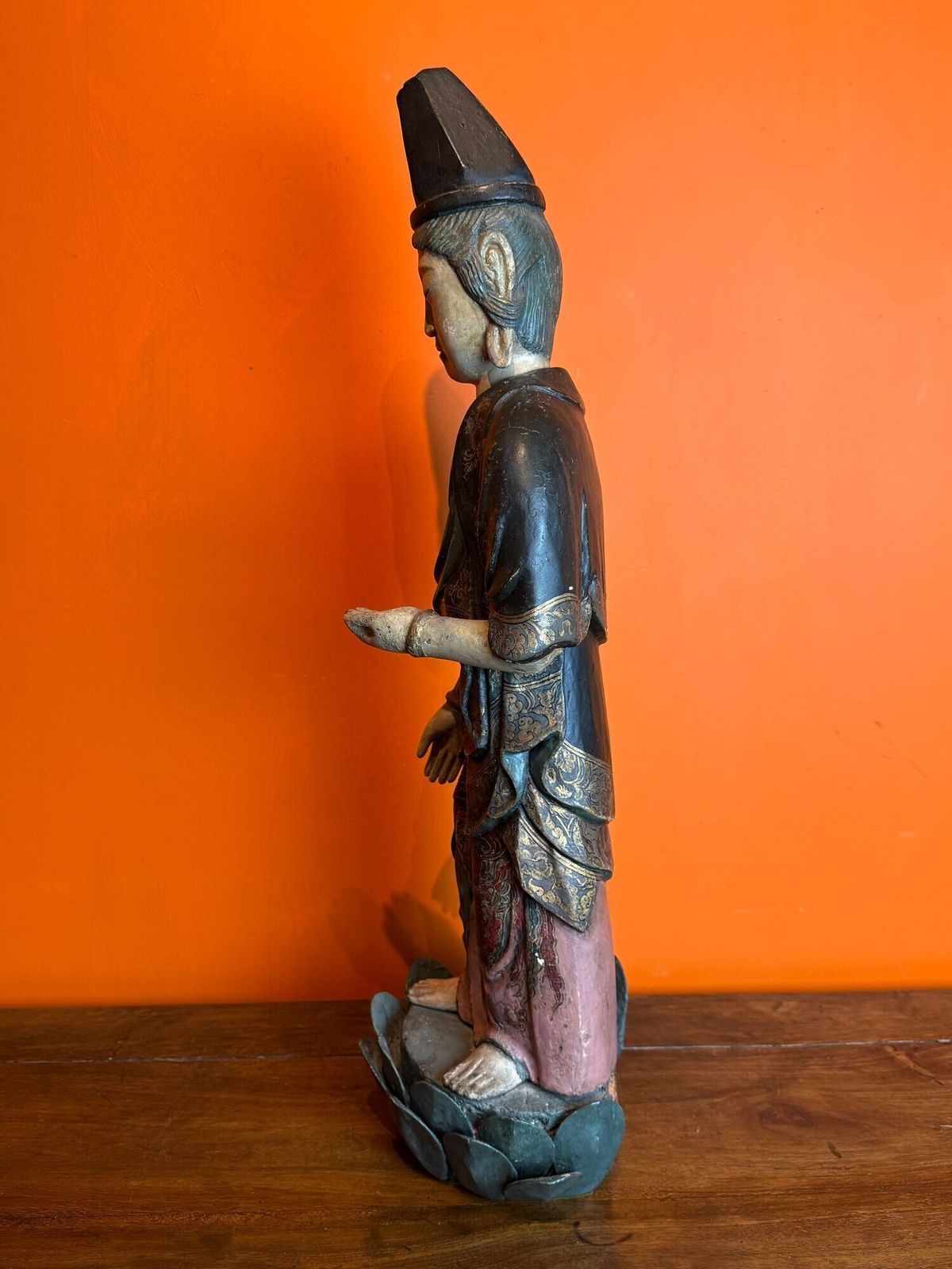 Large 19th Century Chinese Polychrome Painted Carved Wood Figure Of Guanyin photo furniture