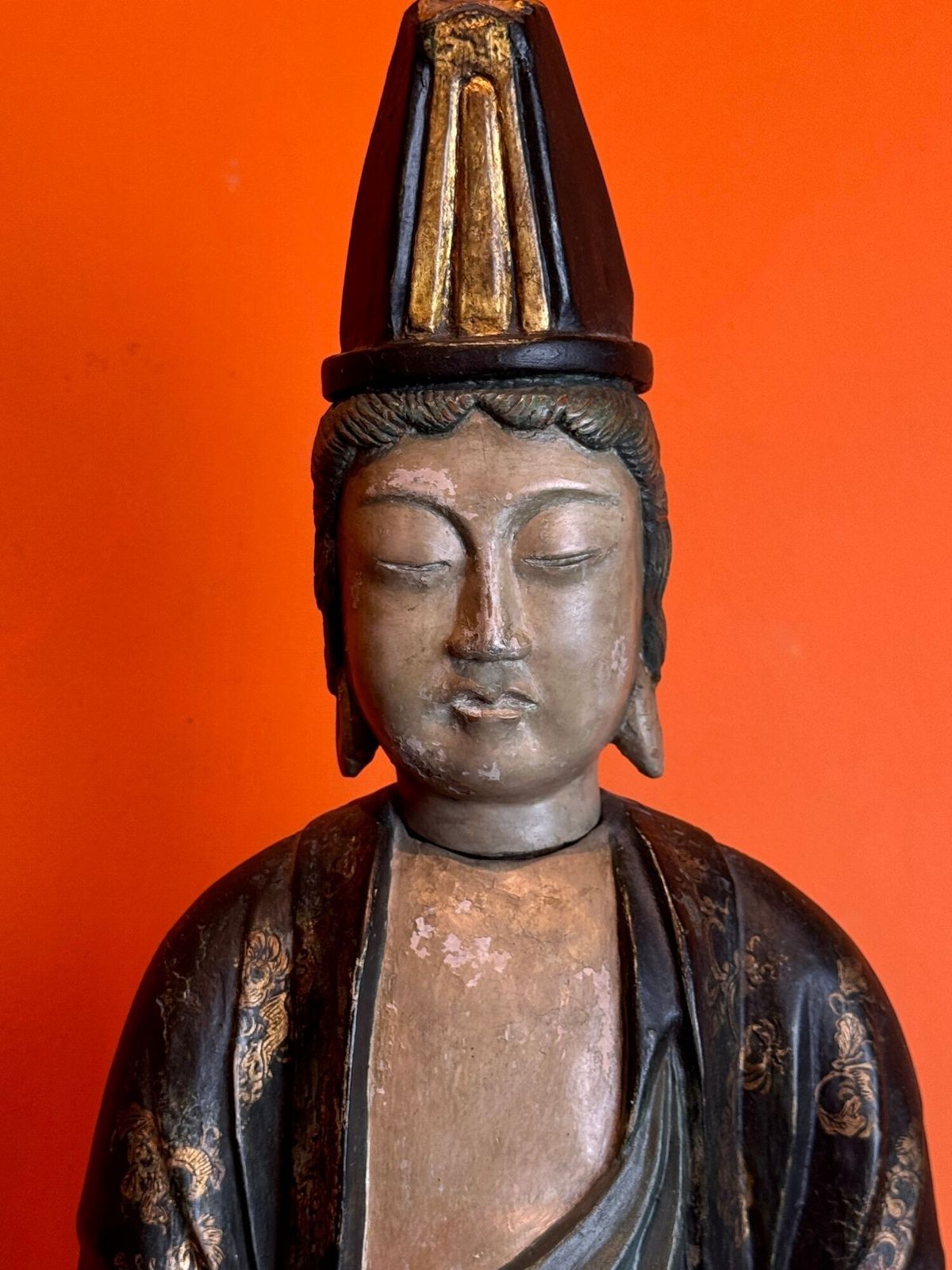 Large 19th Century Chinese Polychrome Painted Carved Wood Figure Of Guanyin photo for sale