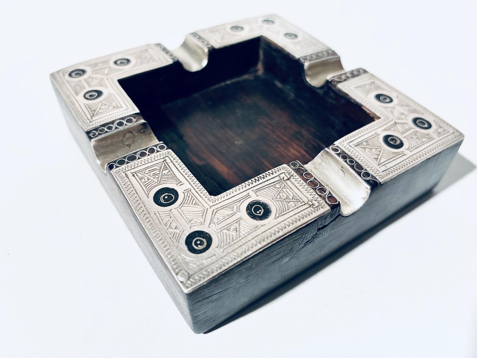 Handmade Tuareg Silver & Wood Ashtray / Hand Engraved Vintage African Art photo vintage