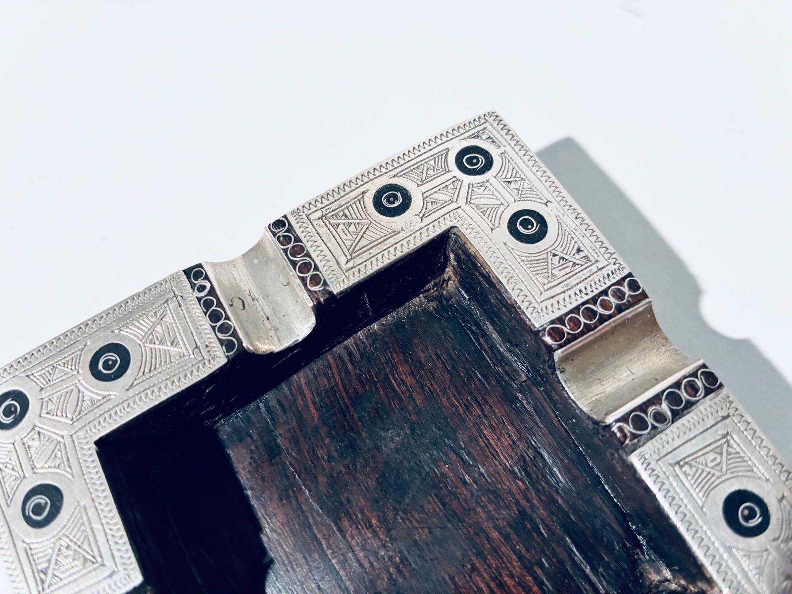 photo for sale Handmade Tuareg Silver & Wood Ashtray / Hand Engraved Vintage African Art