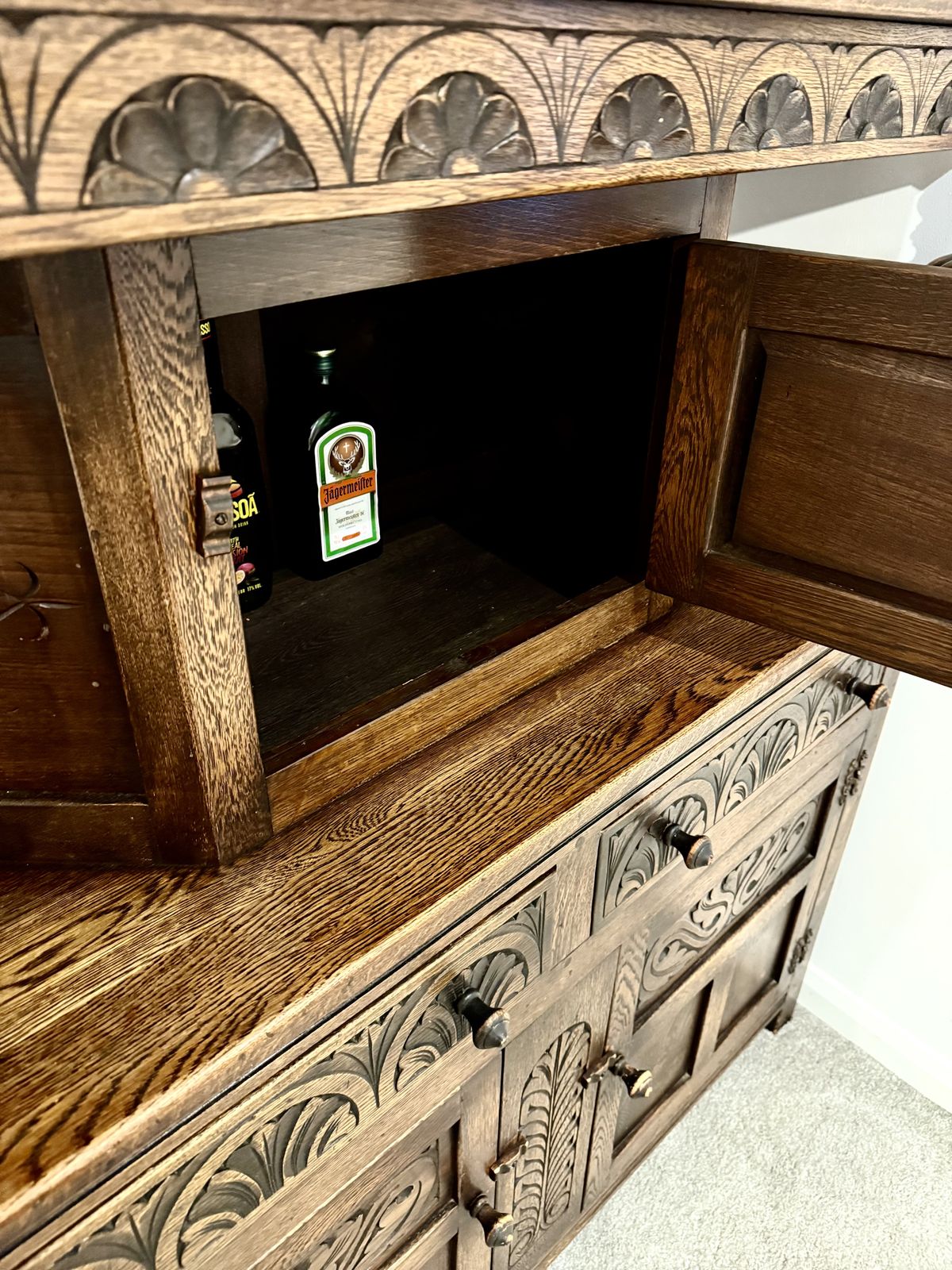 Jacobean 19th Century Oak Hand Carved Gothic Style Court Cabinet photo buy