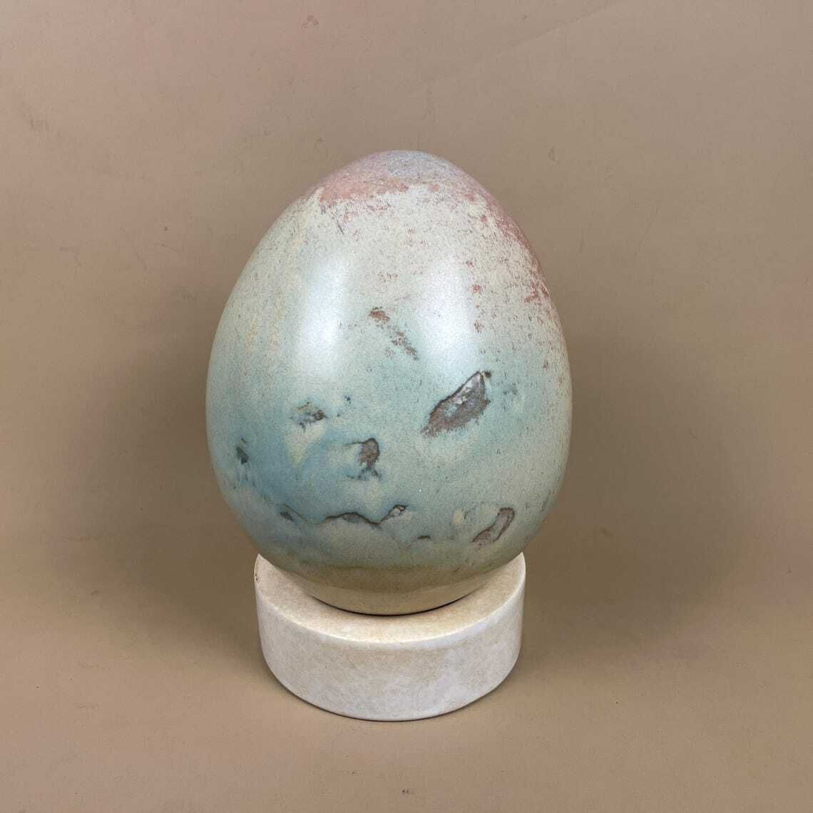 Large Ceramic Egg Sculpture Blue Pink Raku Style Glazed Art Ornament With Stand Modern Studio Pottery Decor Pastel Home Accent Contemporary photo Home Decor