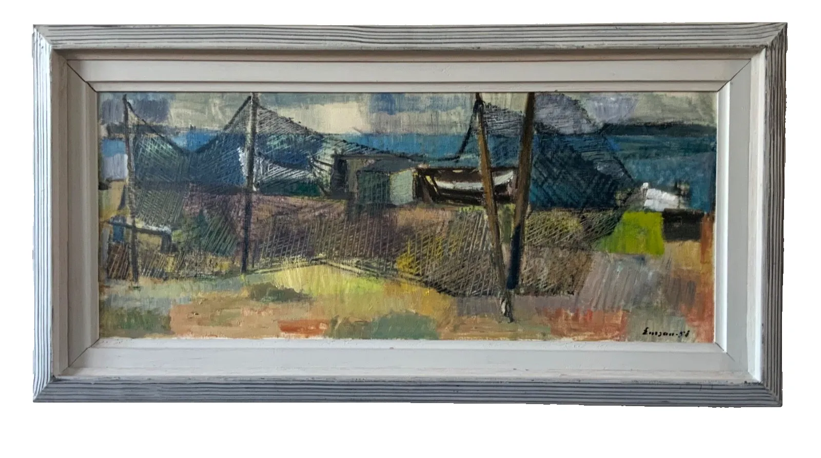 Vintage Oil Painting Fishing Village Scene 1958