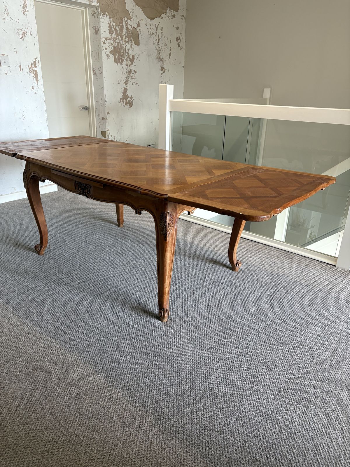 French Walnut Table; Parquetry; 2 Extending Leaves: Cabriole Legs, Seats 10