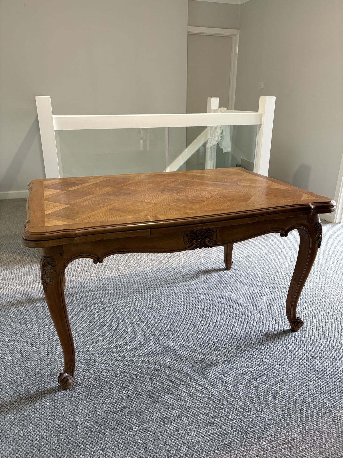 French Walnut Table; Parquetry; 2 Extending Leaves: Cabriole Legs, Seats 10 photo for sale