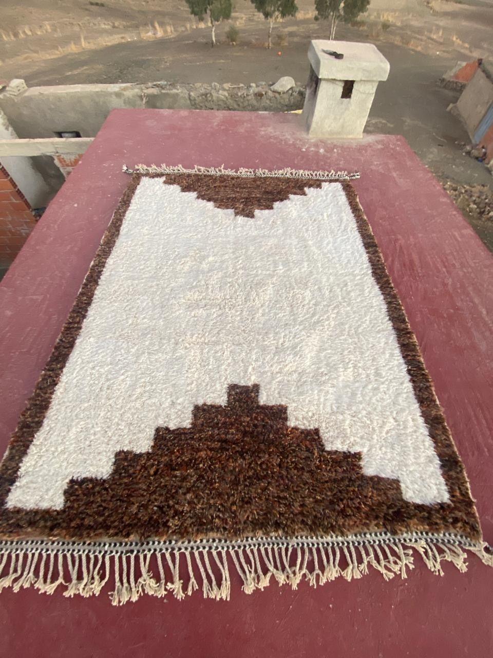 Large Moroccan Shaggy Rug, Brown & Cream Chevron Pattern, High Pile Wool (300x200cm) photo for sale