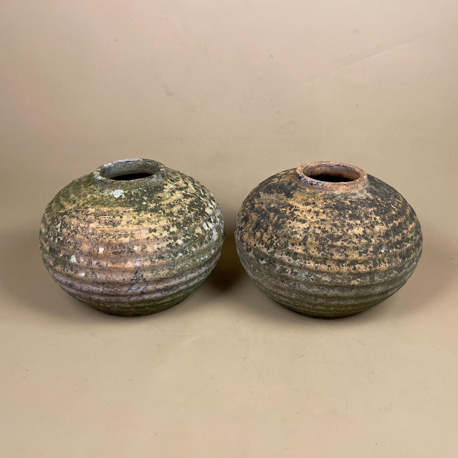 Pair Rustic Clay Pots Weathered Earthenware Vessels Wabi Sabi Primitive Decor Natural Handmade Pottery Home Accent Textured Indoor Outdoor