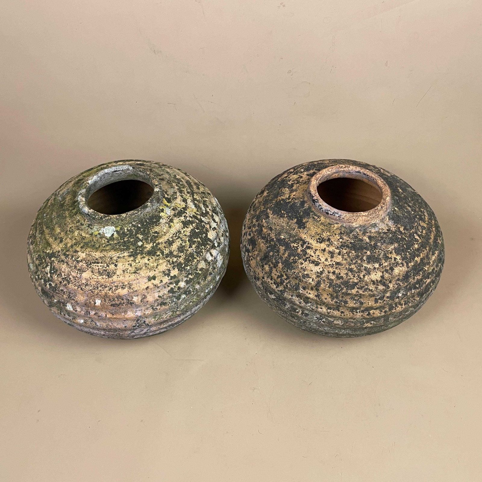 Pair Rustic Clay Pots Weathered Earthenware Vessels Wabi Sabi Primitive Decor Natural Handmade Pottery Home Accent Textured Indoor Outdoor photo for sale