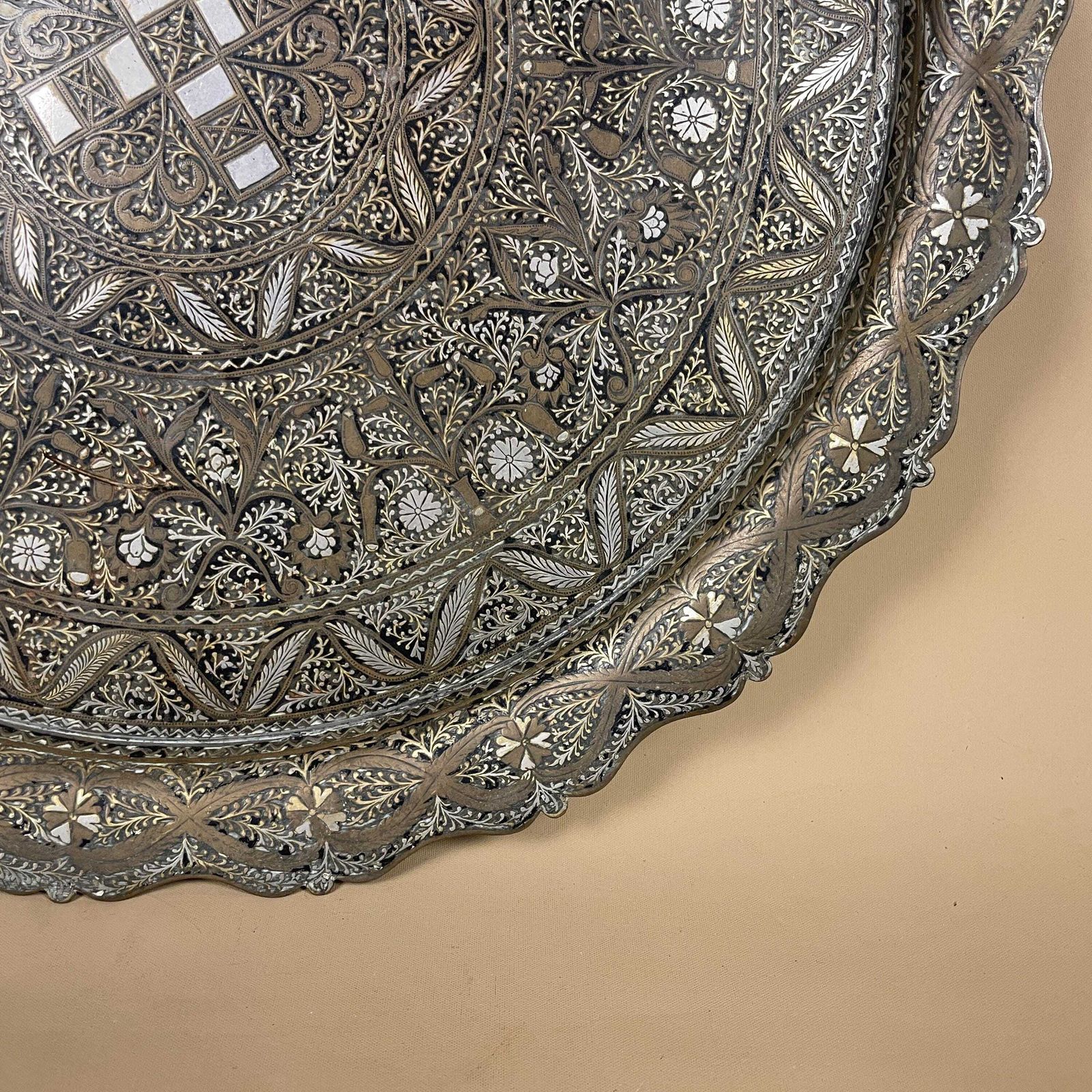 Antique Metal Gold Indian Patterned Brass Tray 40cm Plate Asian Handmade Etched Intricate Decorative Pattern Wall Art Round Vintage Silver photo vintage