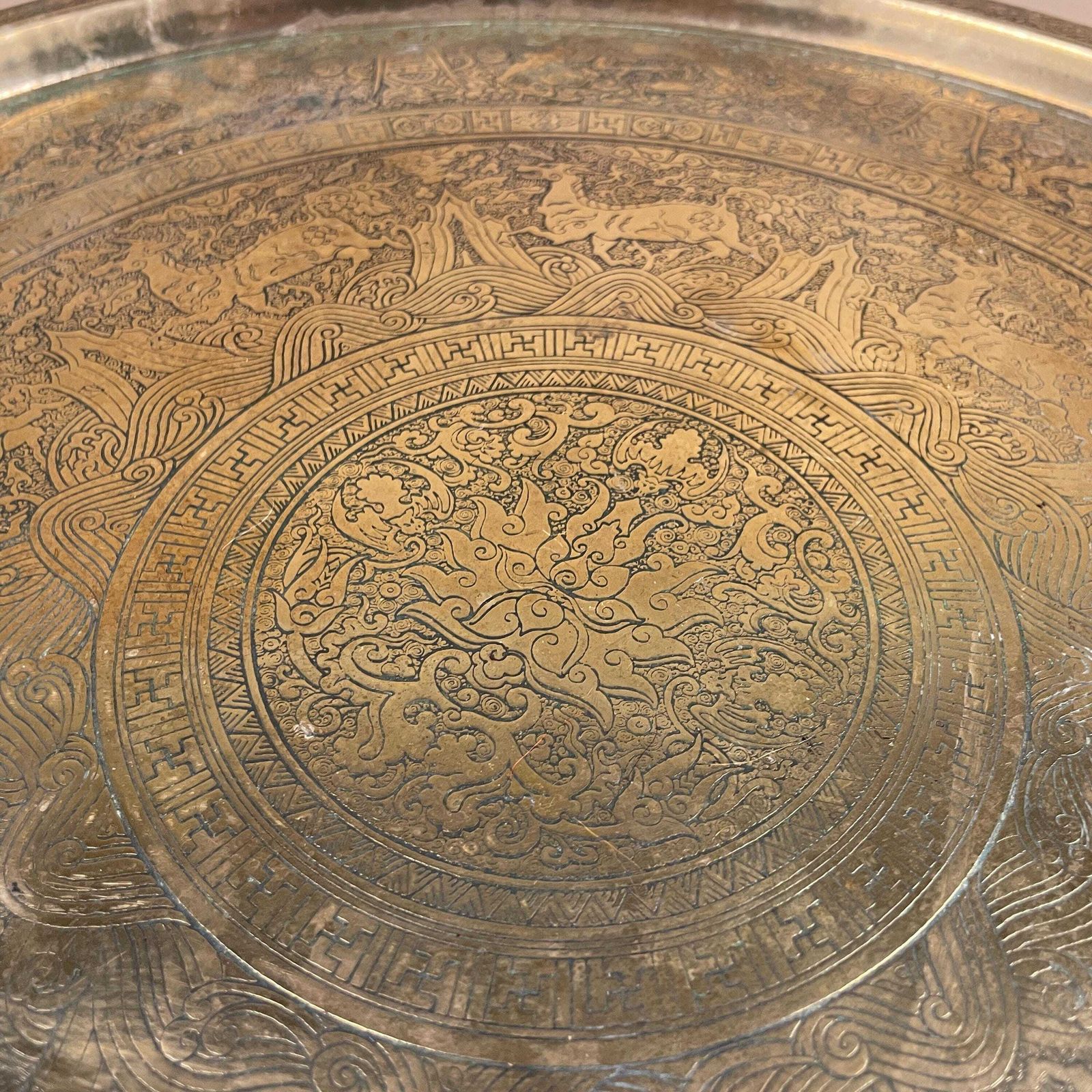Antique Metal Gold Indian Patterned Brass Tray 47cm Plate Asian Handmade Etched Intricate Decorative Pattern Wall Art Round Vintage Circular photo furniture