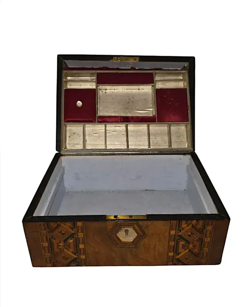 A Lovely 19th Century Inlaid Walnut Jewellery Or Sewing Box photo for sale