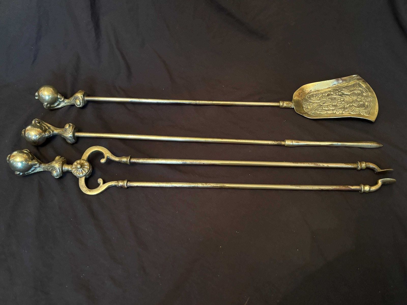 Large Antique Solid Brass Ball & Claw Fireside Companion / Tool Set
