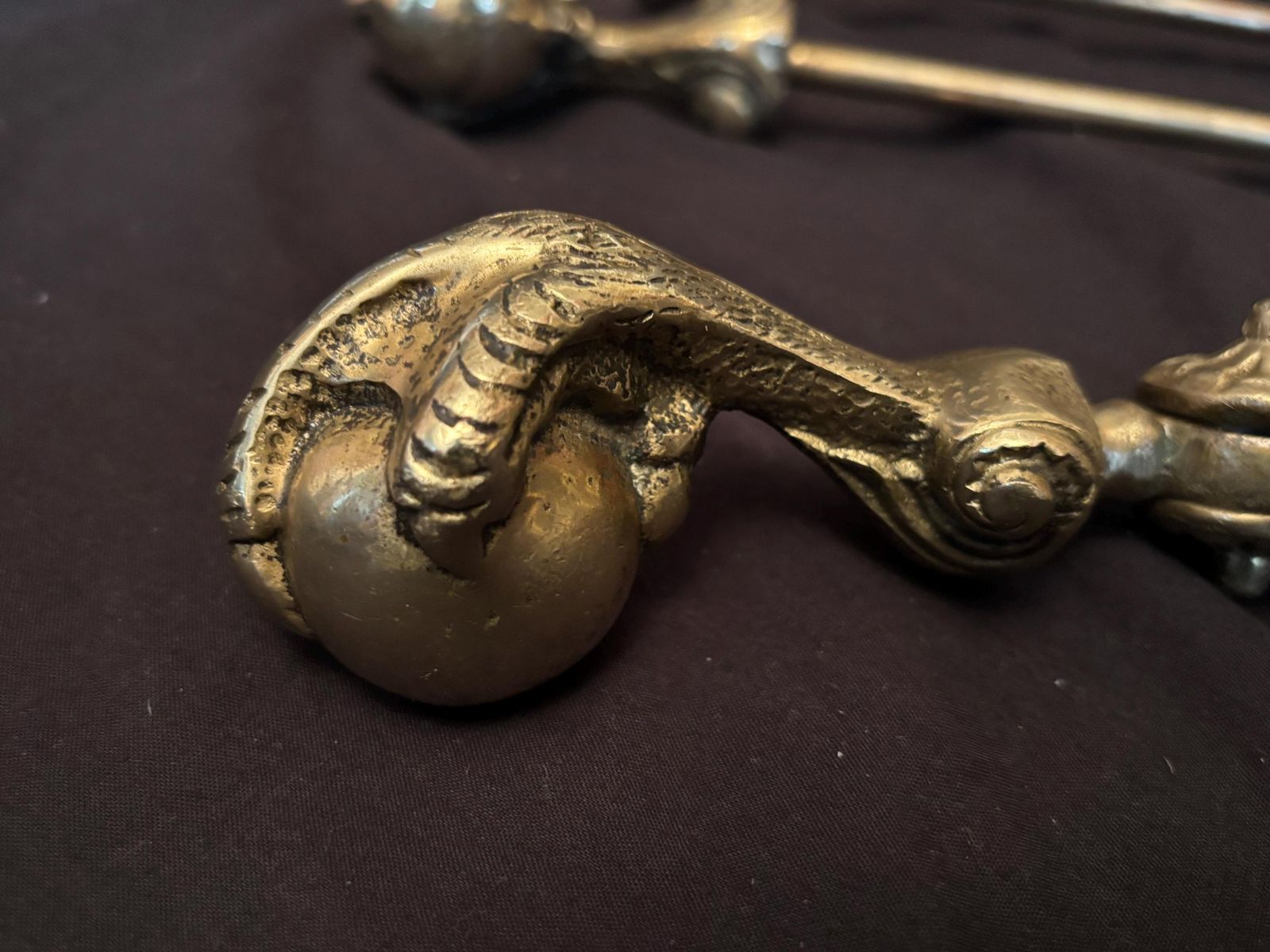 Large Antique Solid Brass Ball & Claw Fireside Companion / Tool Set photo furniture