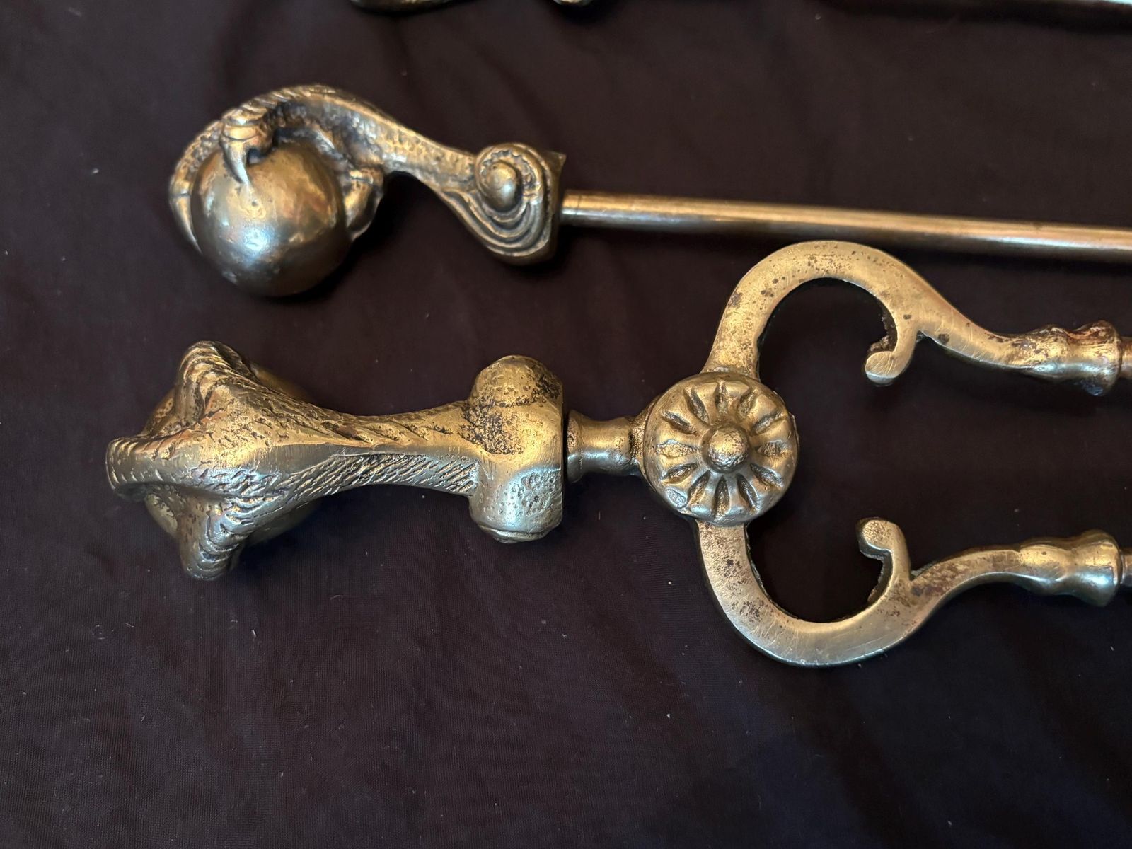 Large Antique Solid Brass Ball & Claw Fireside Companion / Tool Set photo 175.0