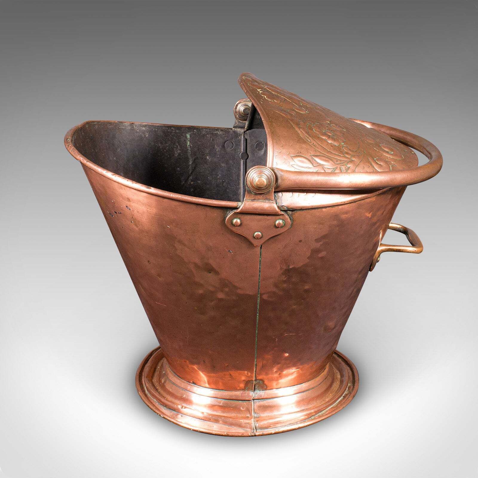 Antique Fireplace Coal Scuttle, English Copper, Basket, Art Nouveau, Victorian photo vinterior