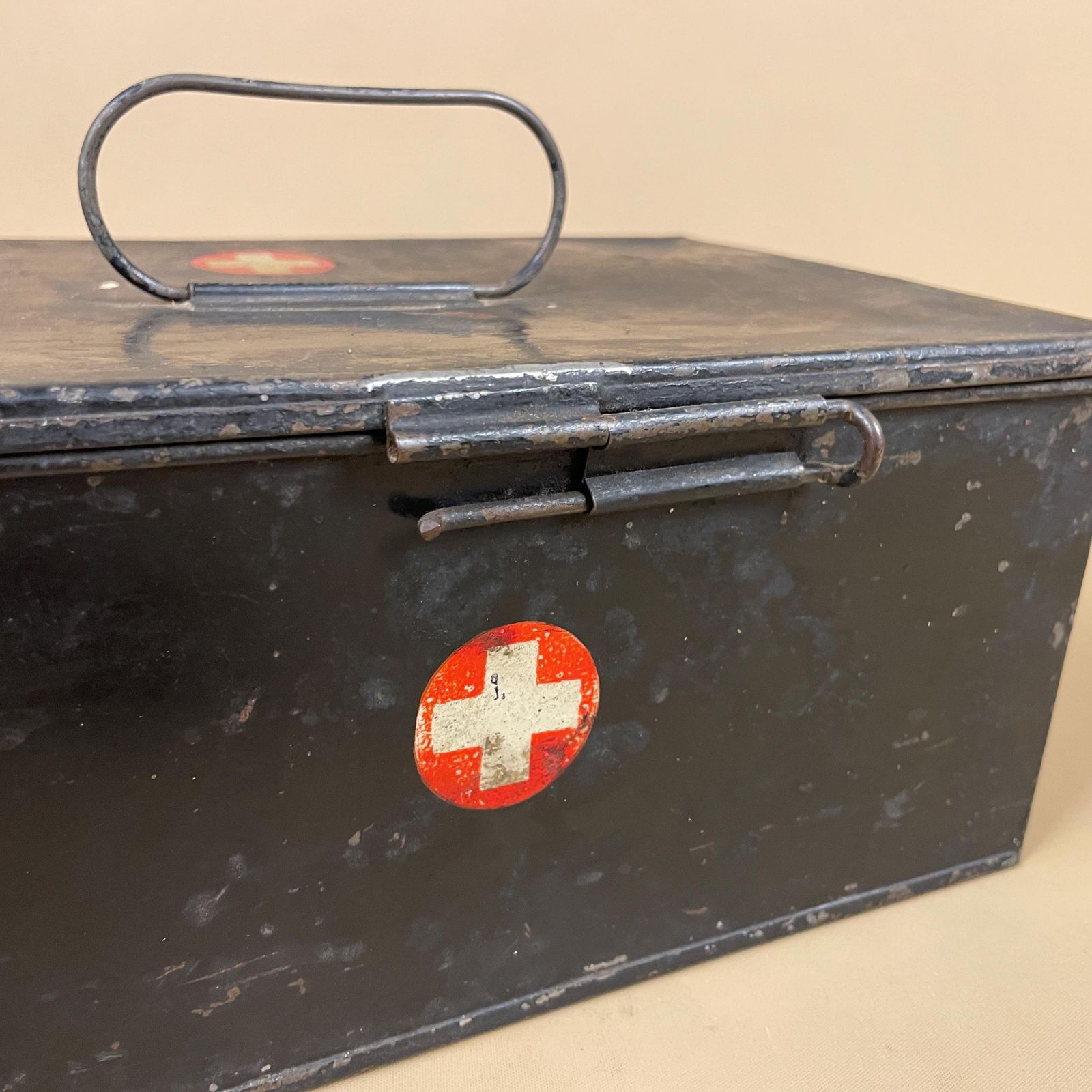 Vintage Metal First Aid Box With Contents Black Steel Wartime Ww2 Medical 1940's Boots Kit Industrial Emergency Box Complete Supplies Set photo for sale