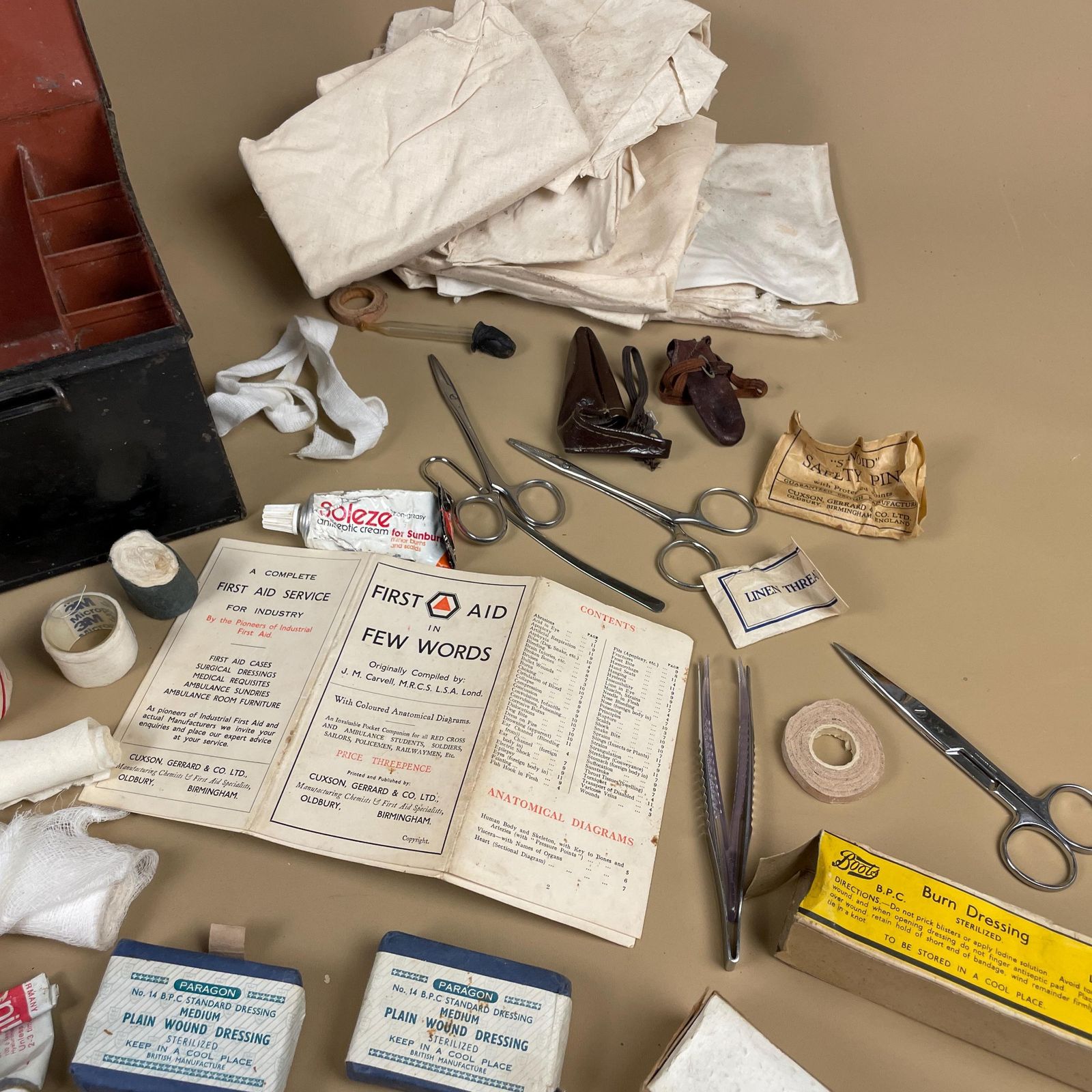 photo buy Vintage Metal First Aid Box With Contents Black Steel Wartime Ww2 Medical 1940's Boots Kit Industrial Emergency Box Complete Supplies Set