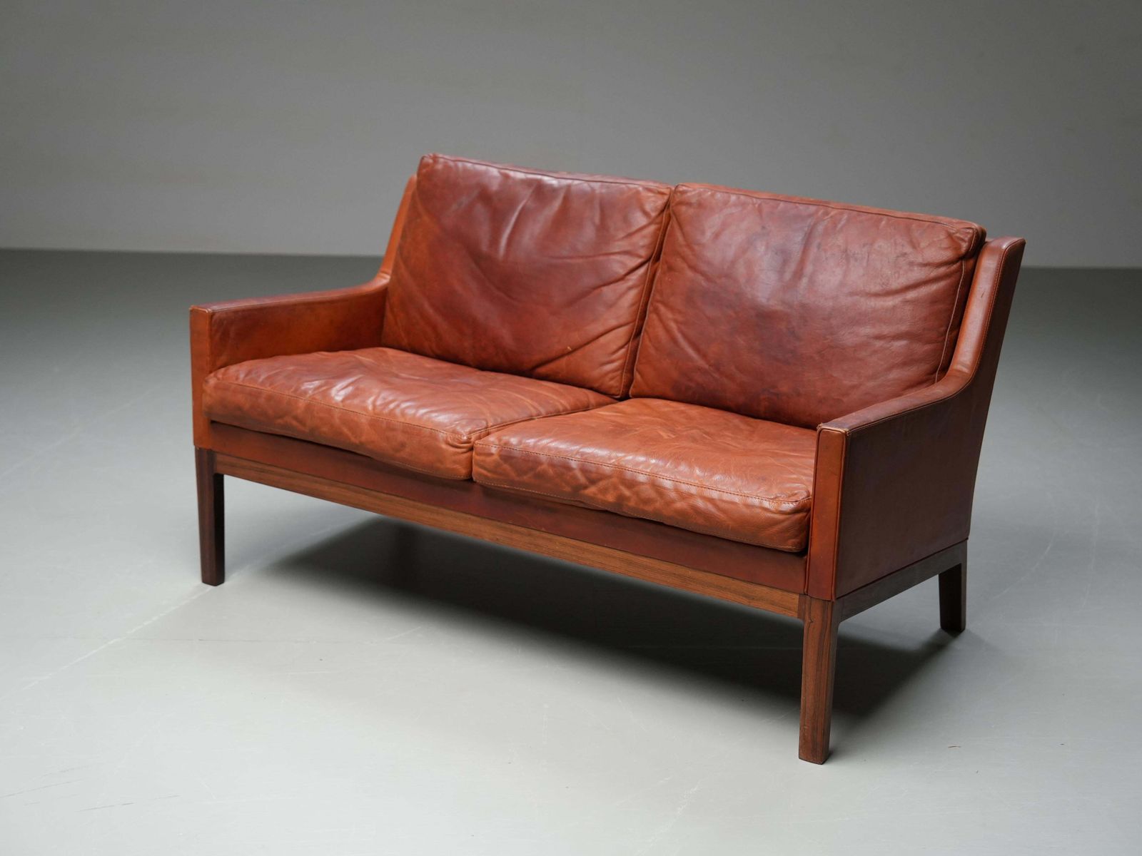 Kai Lyngfeldt Larsen 2 Seat Sofa In Cognac Patinated Leather, Denmark, 1960’s photo furniture