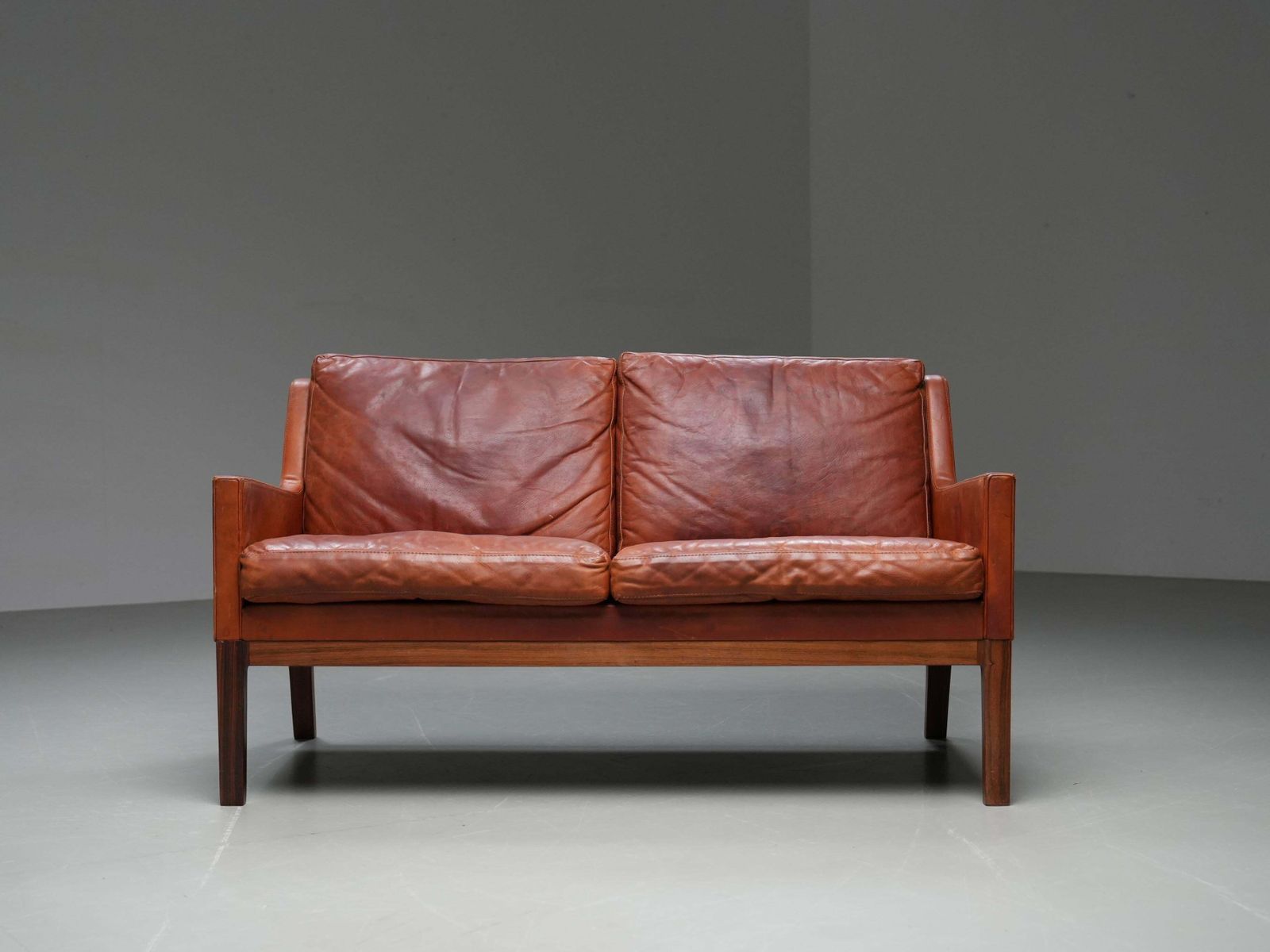 Kai Lyngfeldt Larsen 2 Seat Sofa In Cognac Patinated Leather, Denmark, 1960’s photo for sale