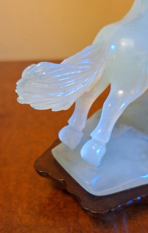 Antique Chinese Hand Carved Pale Green Genuine Jade Galloping Horses & Stand photo vinterior