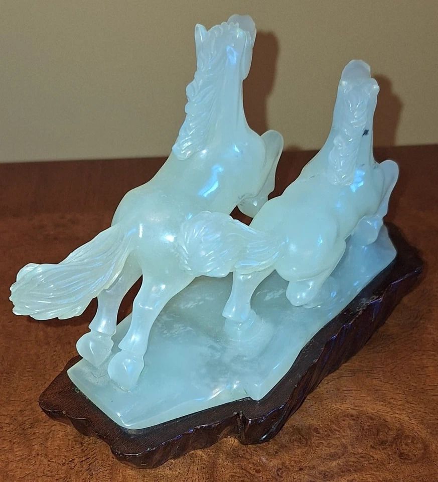 Antique Chinese Hand Carved Pale Green Genuine Jade Galloping Horses & Stand photo buy