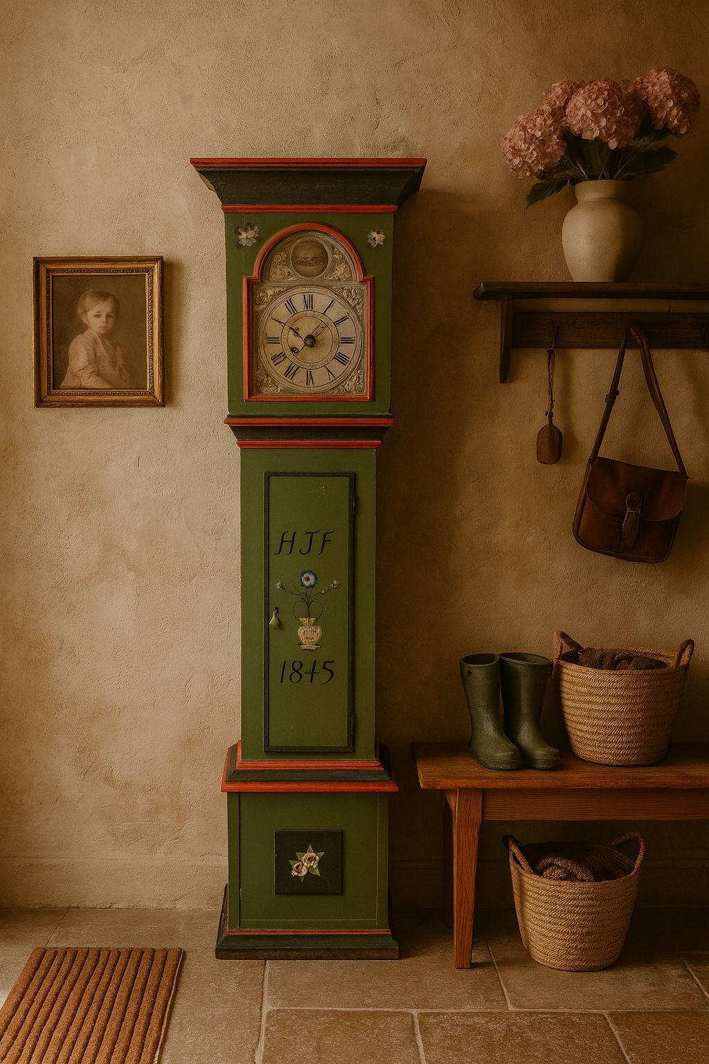 19th Century Scandinavian Folk Art Painted Mora Longcase Clock (1845) photo 850.0