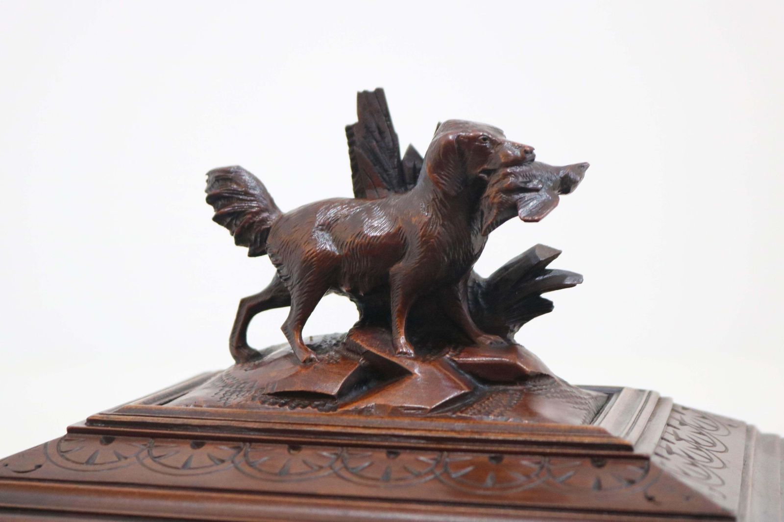 Rare Swiss Black Forest 19th Century Cigar Box / Humidor With Dog Hand Carved photo vinterior