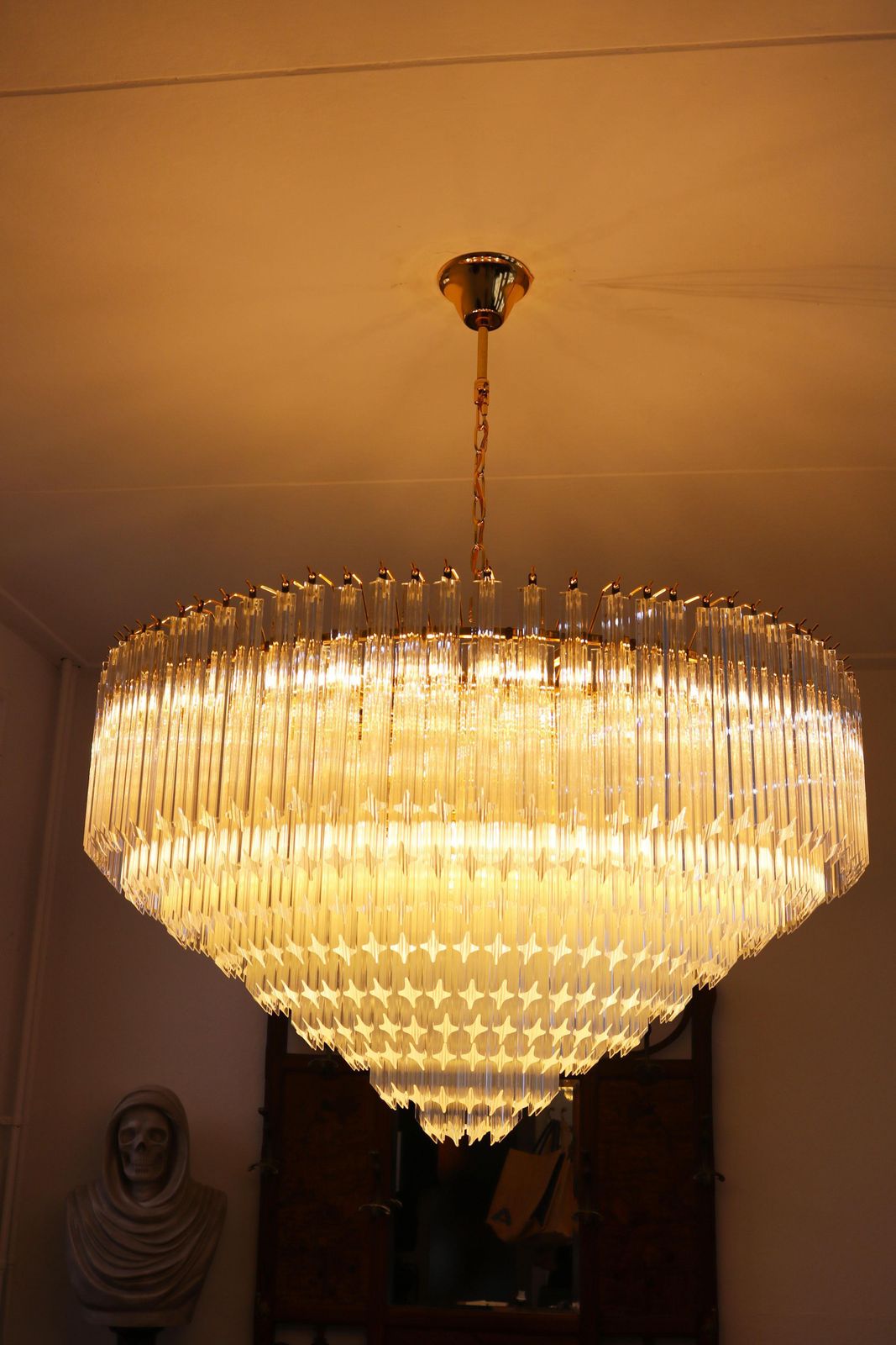 Monumental Murano Quadriedri Chandelier Venini 1980 Regency Italian Glass Brass photo Lighting